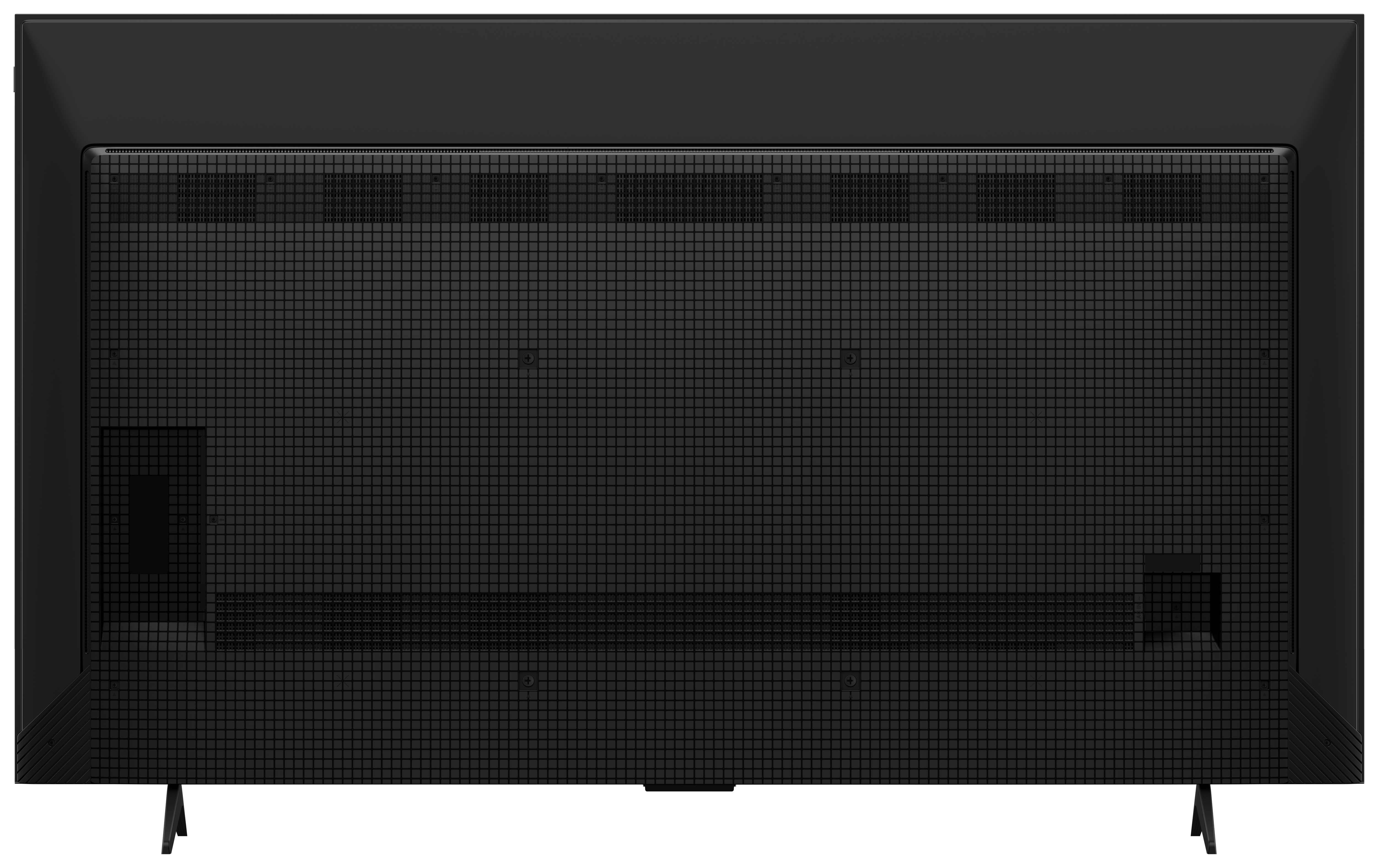 Tył czarnego telewizora z wzorem kratki i czarnym stojakiem.