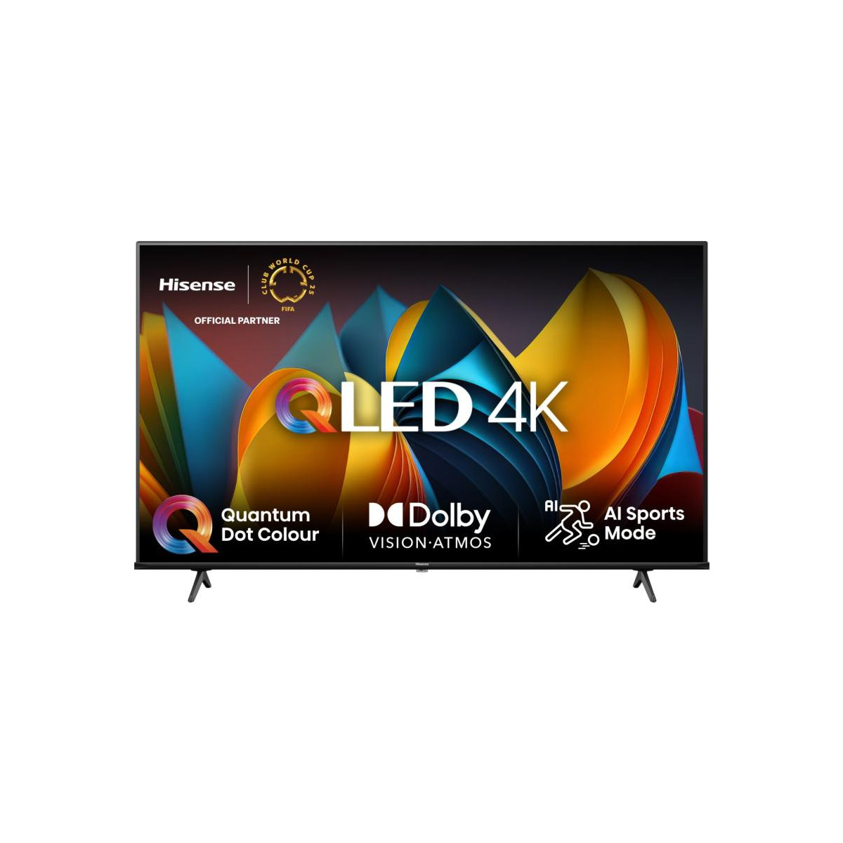 TV Hisense che mostra grafica astratta colorata, con loghi Dolby e QLED sul davanti.