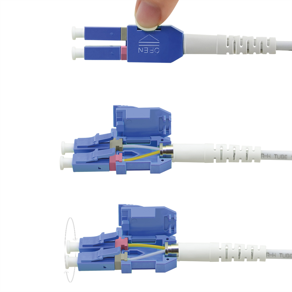 Le connecteur de câble à fibre optique est ouvert et connecté dans une séquence d'images.