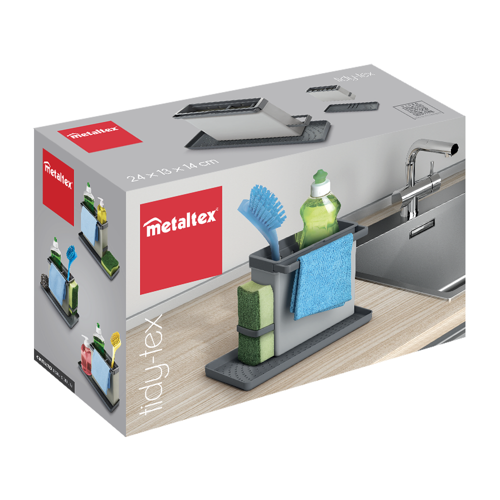 Organizador de fregadero con logotipo rojo de Metaltex.