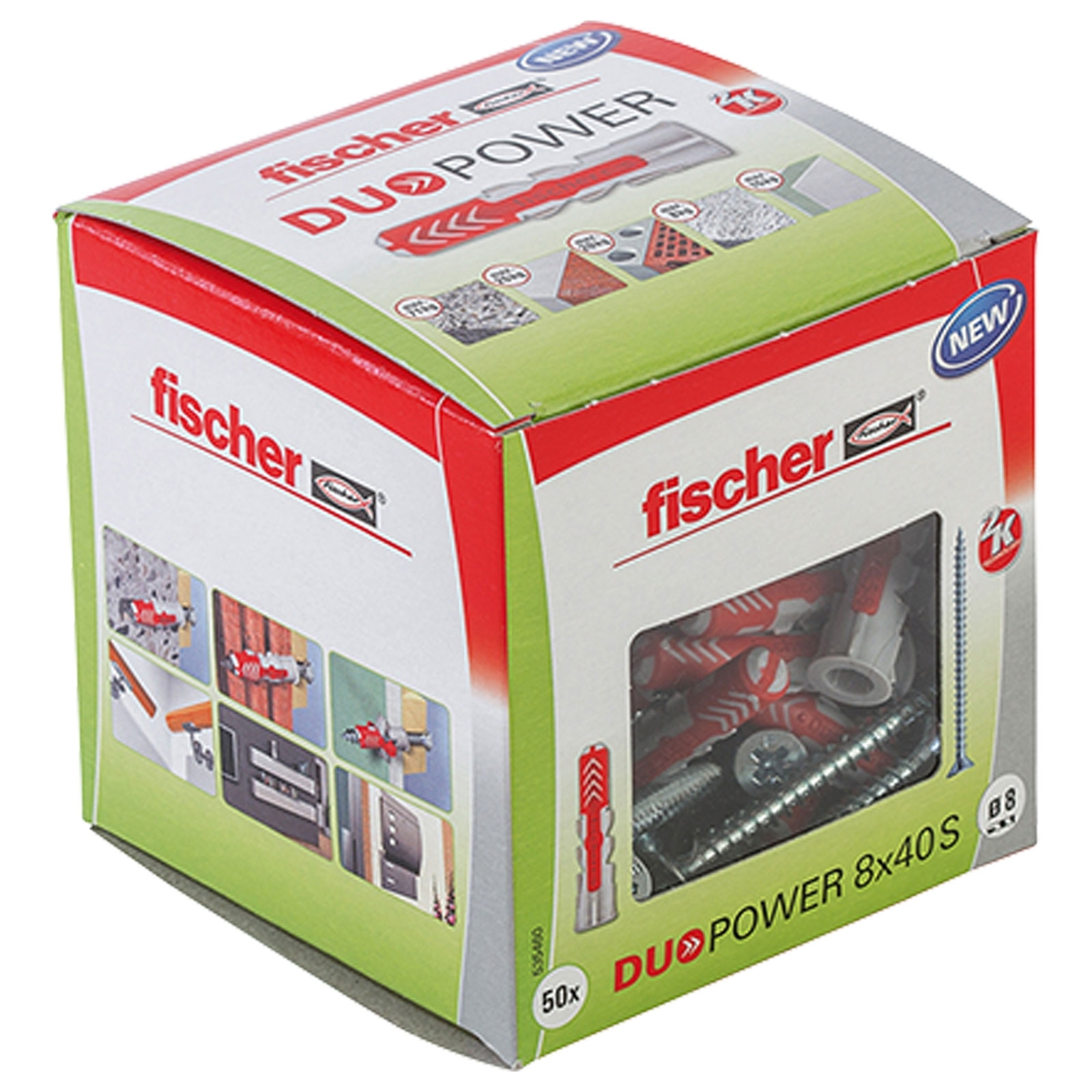 Eine Box mit Fischer DUOPOWER Schrauben und Dübeln. Die Box ist grün und rot mit Produktbildern.