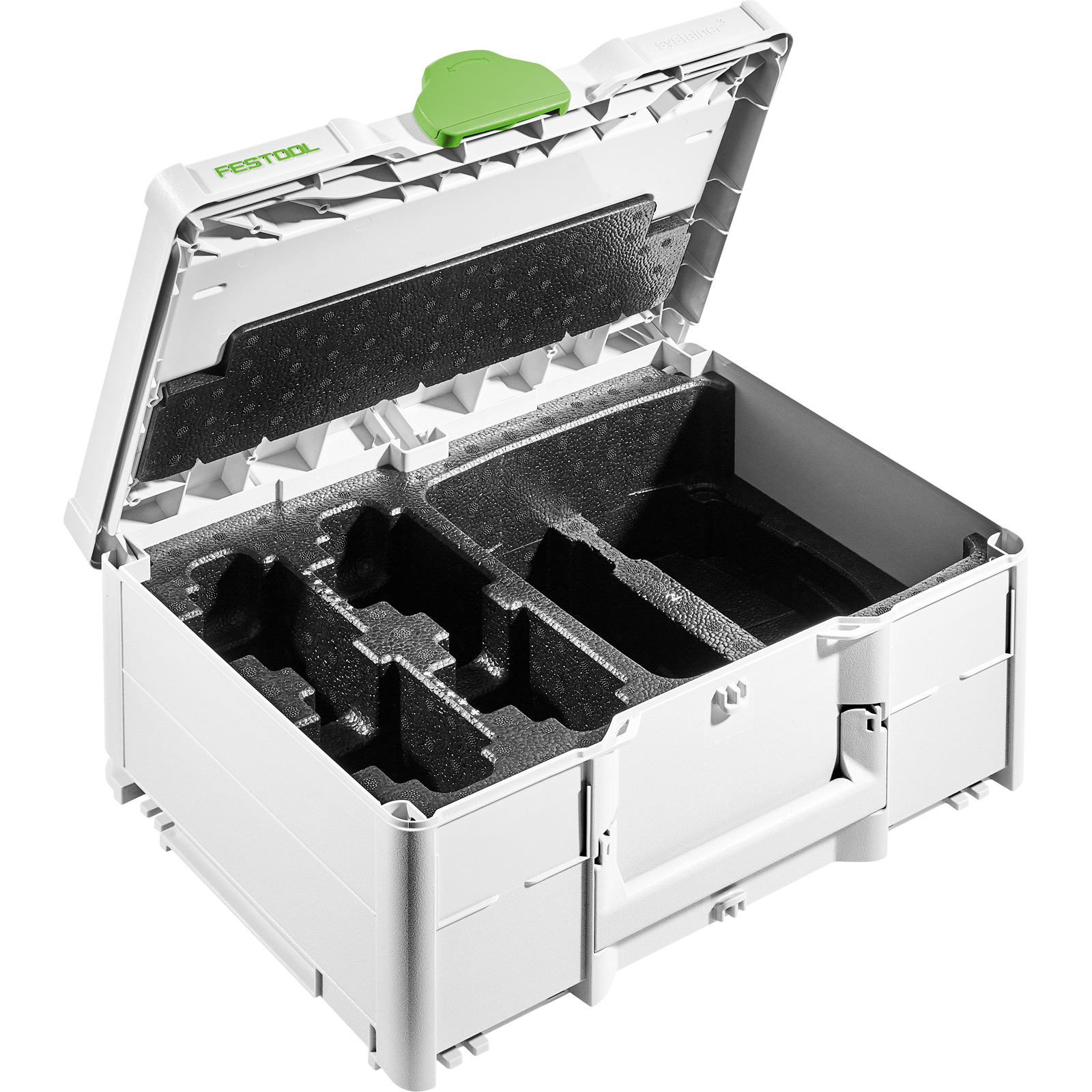 Una valigetta Festool Systainer bianca aperta con inserti in schiuma nera e maniglia verde.