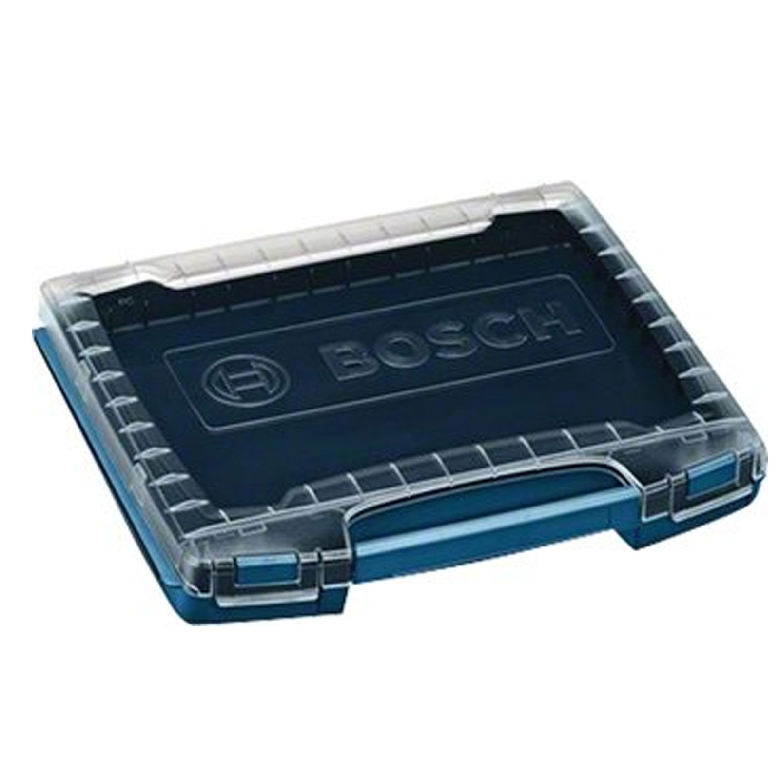 Una caja de herramientas azul Bosch con tapa transparente, cerrada. Se ve el logo de Bosch.