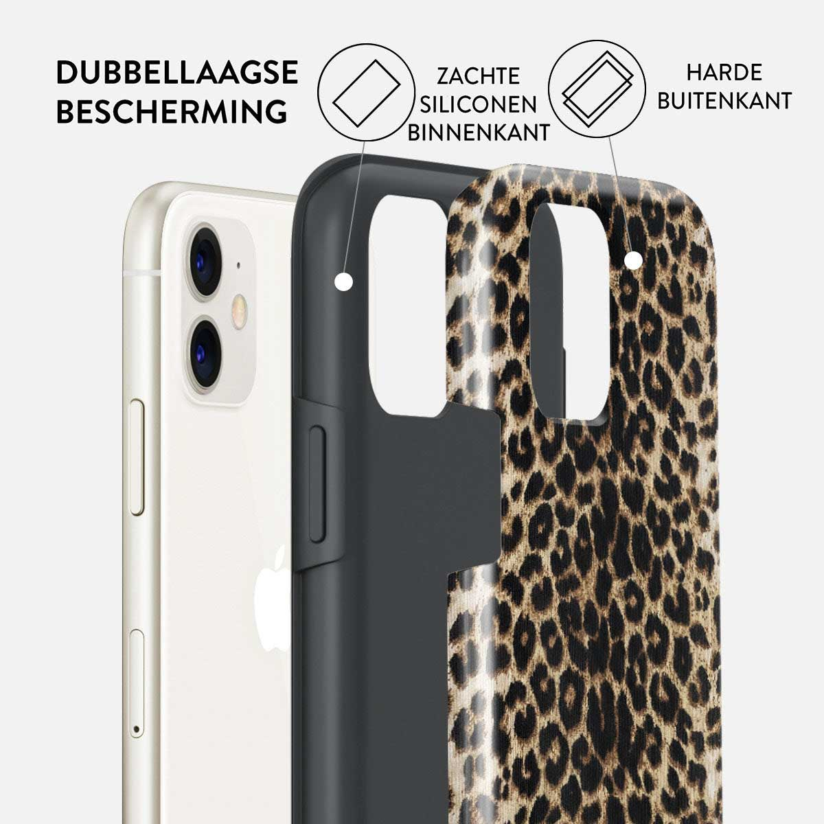 Un telefono e una custodia con stampa leopardata. La custodia ha una protezione a doppio strato.