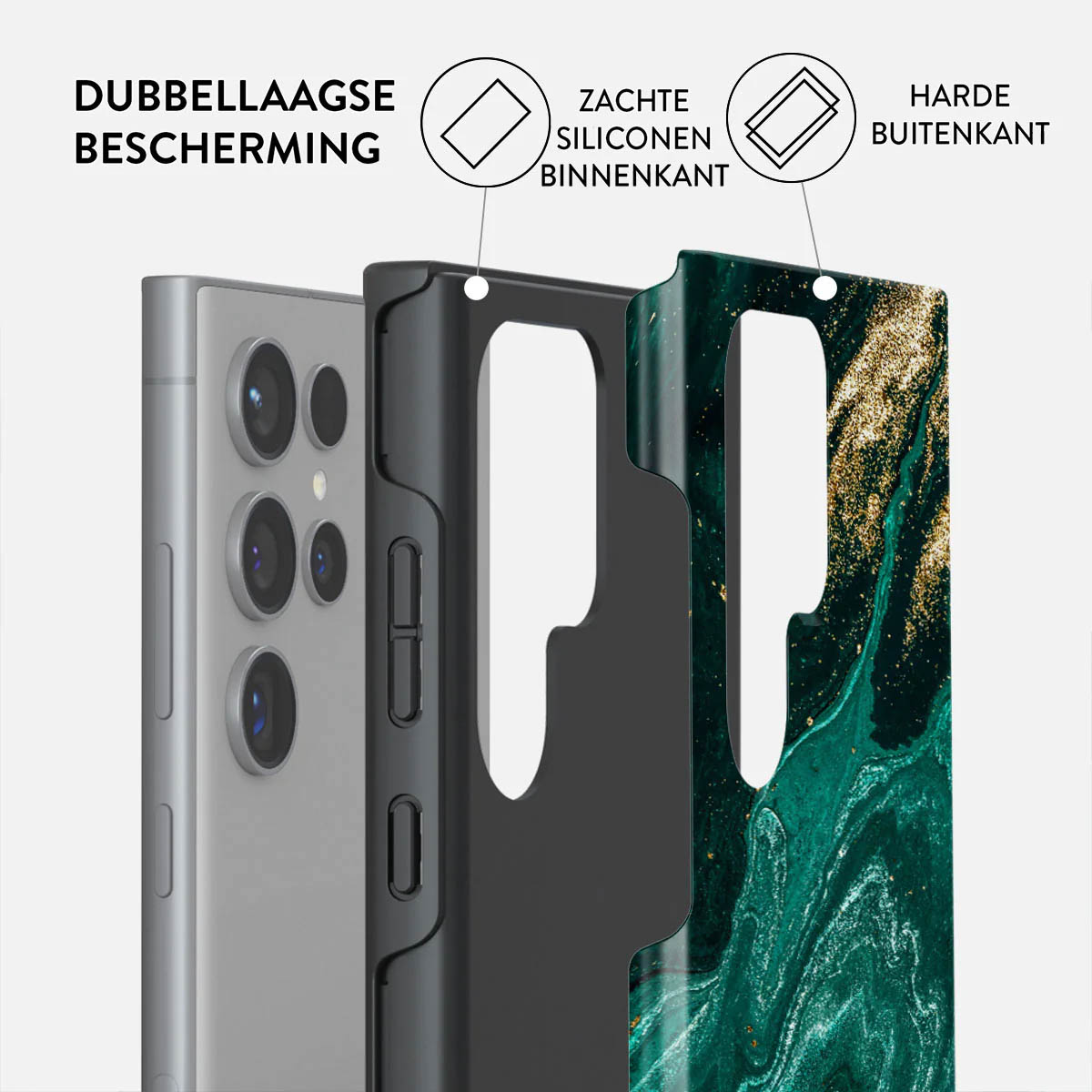 Phone case with marble-like design. Shows layers: phone, silicone, and hard outer case.