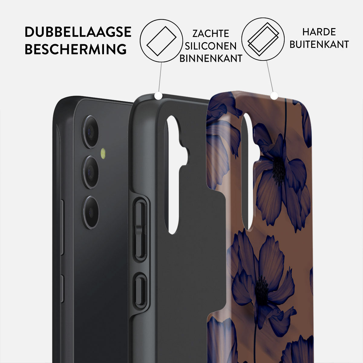 Telefoonhoes, gelaagd met een harde buitenkant, zachte siliconen binnenkant en een telefoon. Bloemmotief.