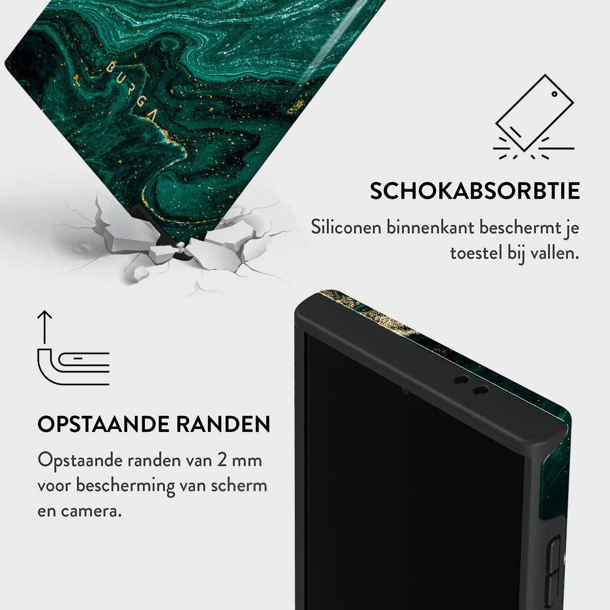 Phone case detail. Green marble design. Text indicates shock absorption. Raised edges protect the screen.