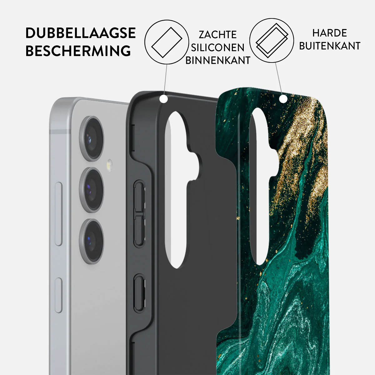 Custodia per telefono con design astratto verde e oro, che mostra protezione a doppio strato con silicone morbido.