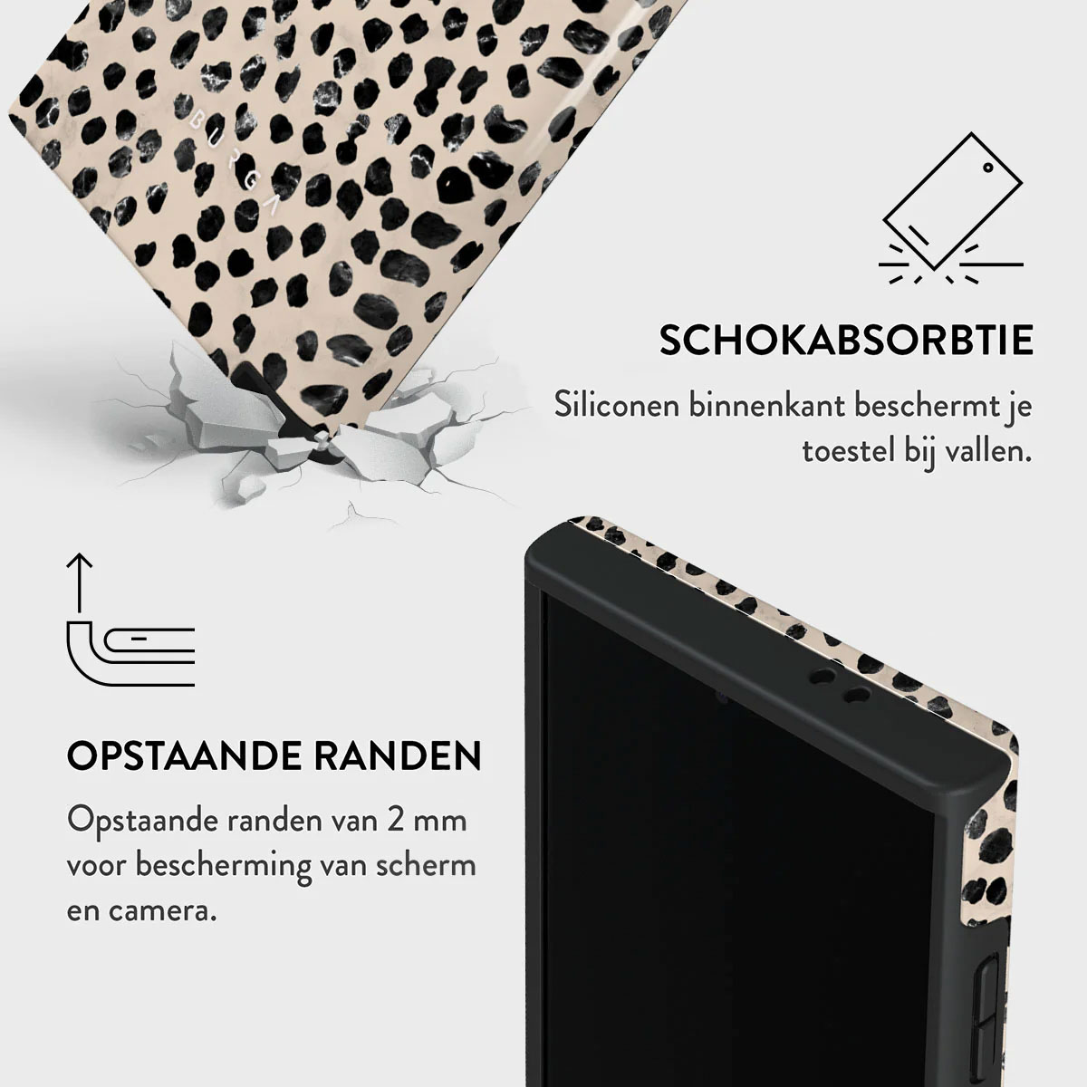 Eine Handyhülle mit Dalmatiner-Muster und Informationen zum Bildschirmschutz.