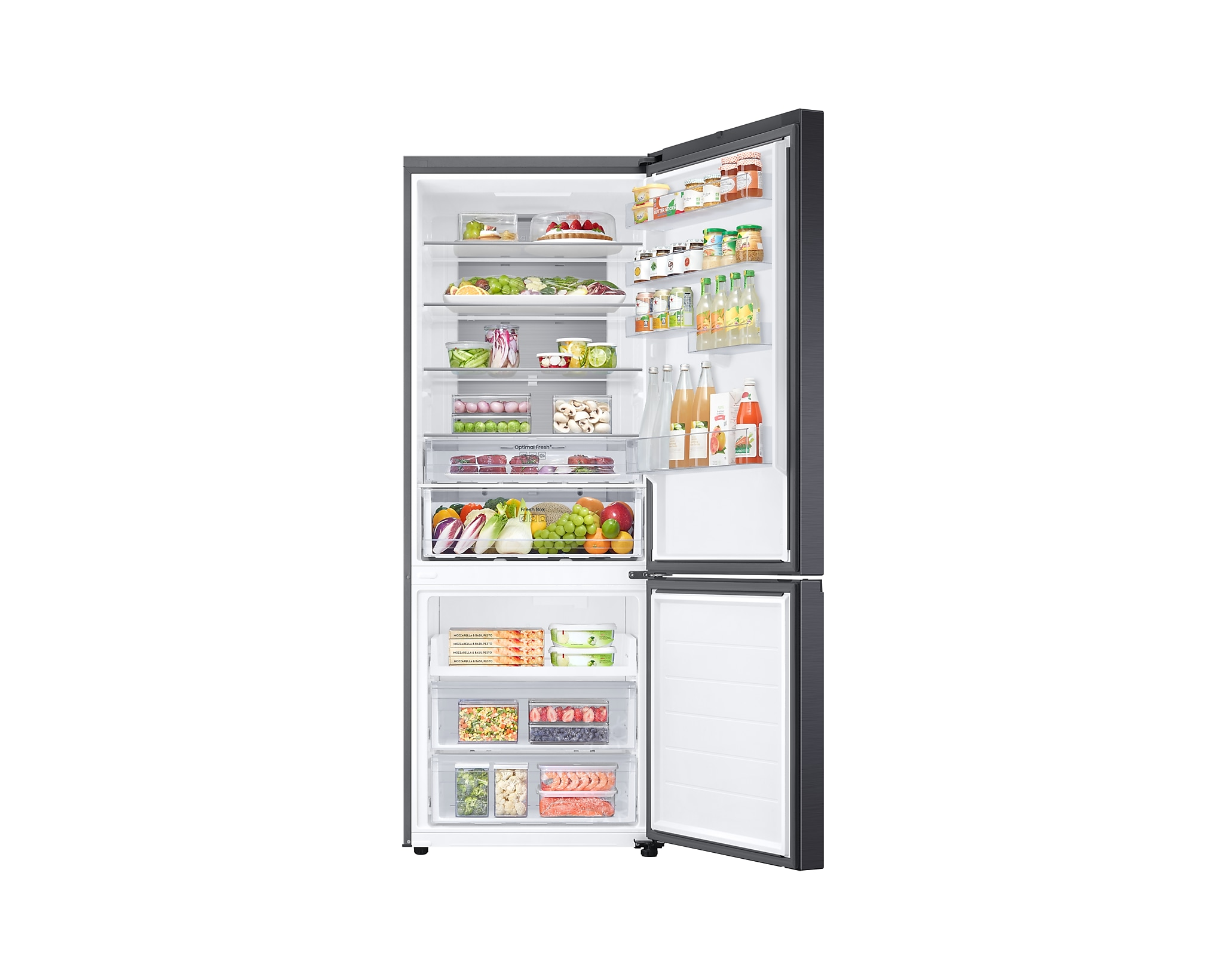 Un frigorifero con la porta aperta, pieno di generi alimentari.