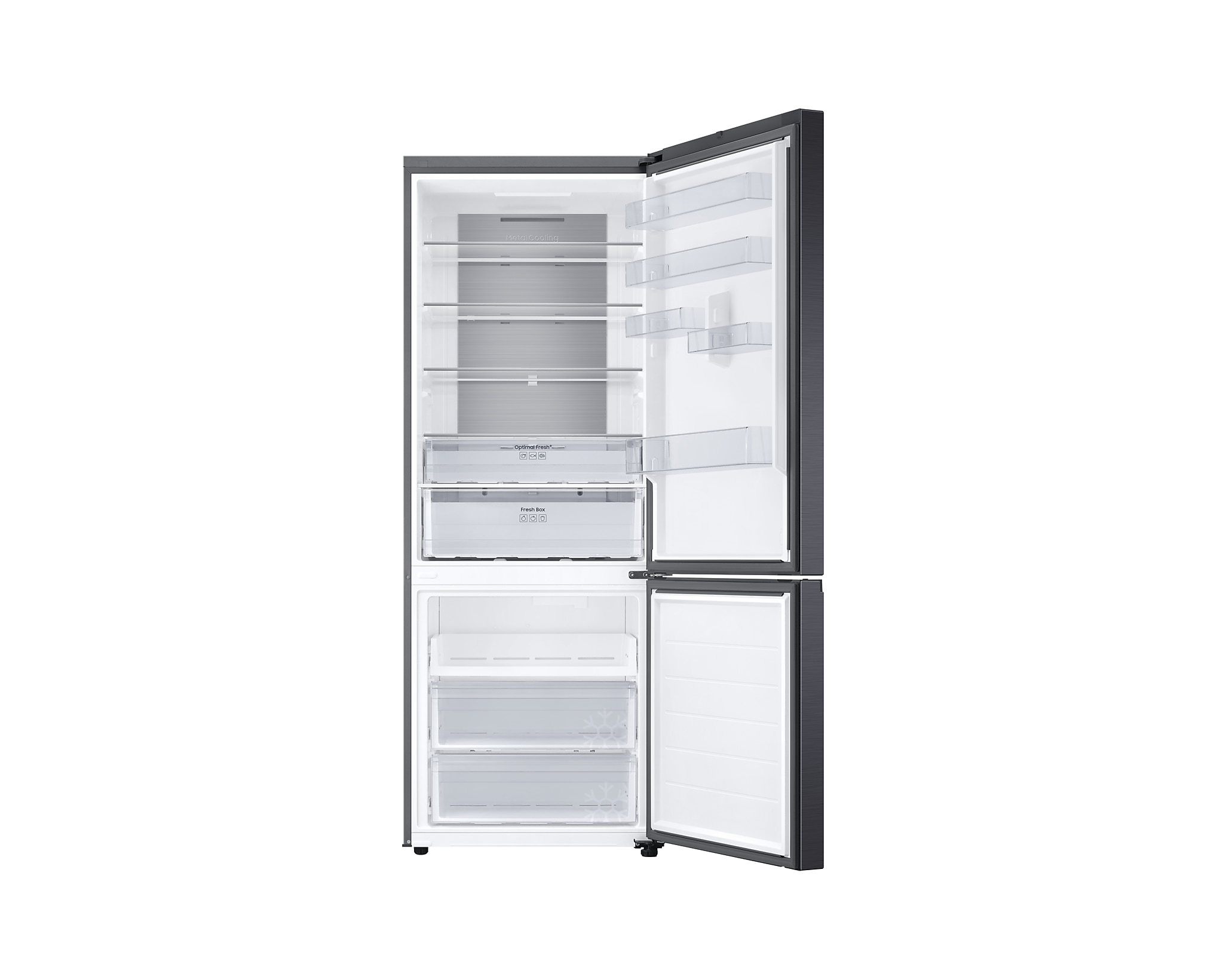 Frigorifero Samsung nero con porte aperte. Interno visibile, sfondo bianco.