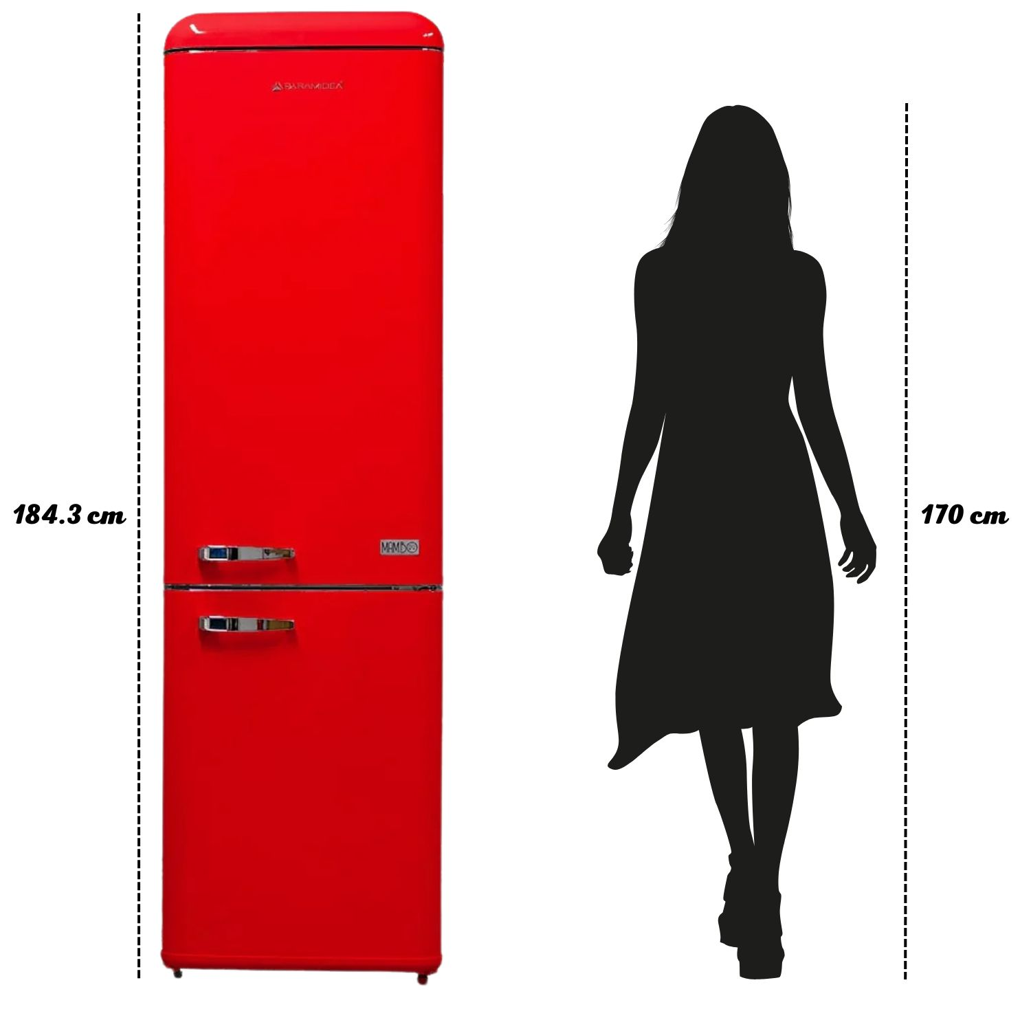 Frigorifero rosso con una silhouette di donna accanto. Vengono mostrate le misure.