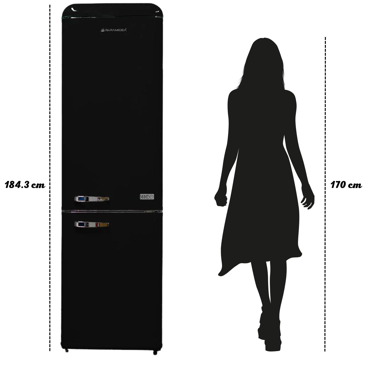 Frigorifero nero, alto 184,3 cm, accanto a una silhouette di persona, 170 cm.