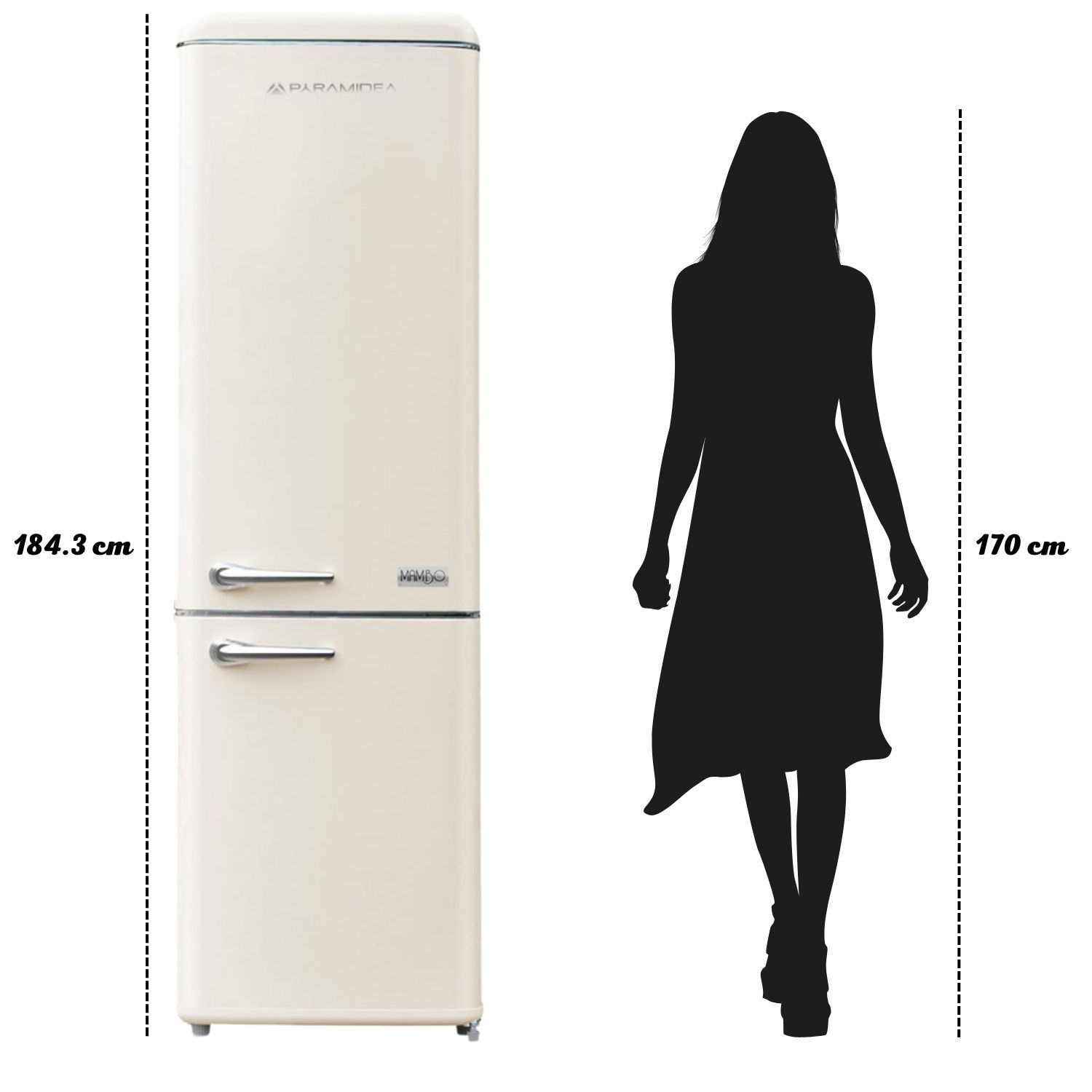 Frigorifero color crema con silhouette di donna. Il frigo è alto 184,3 cm.