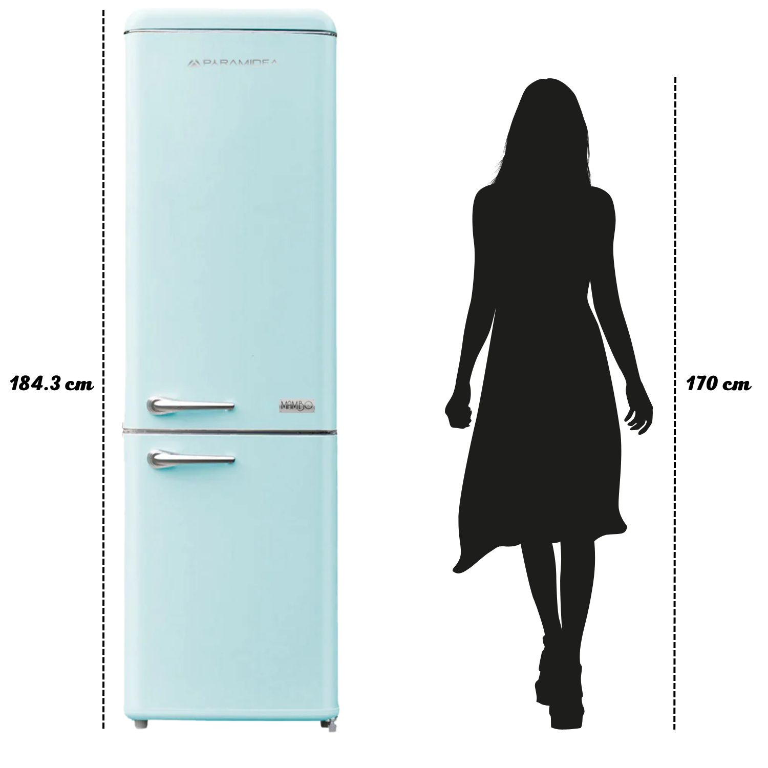 Un frigorifero azzurro con la silhouette di una donna accanto, che mostra il confronto dell'altezza.