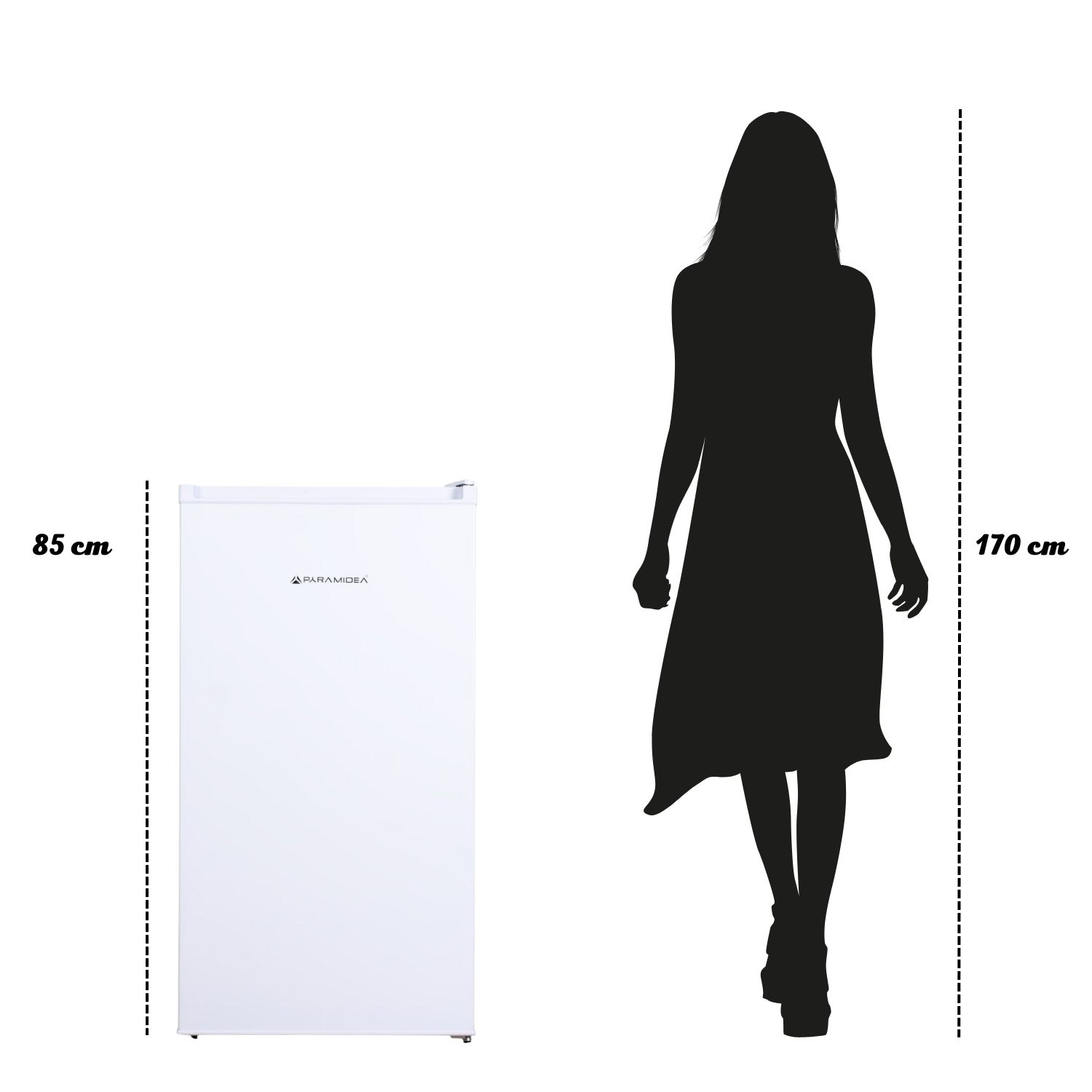 Frigorifero bianco accanto a sagoma di persona. Misure: 85cm e 170cm.