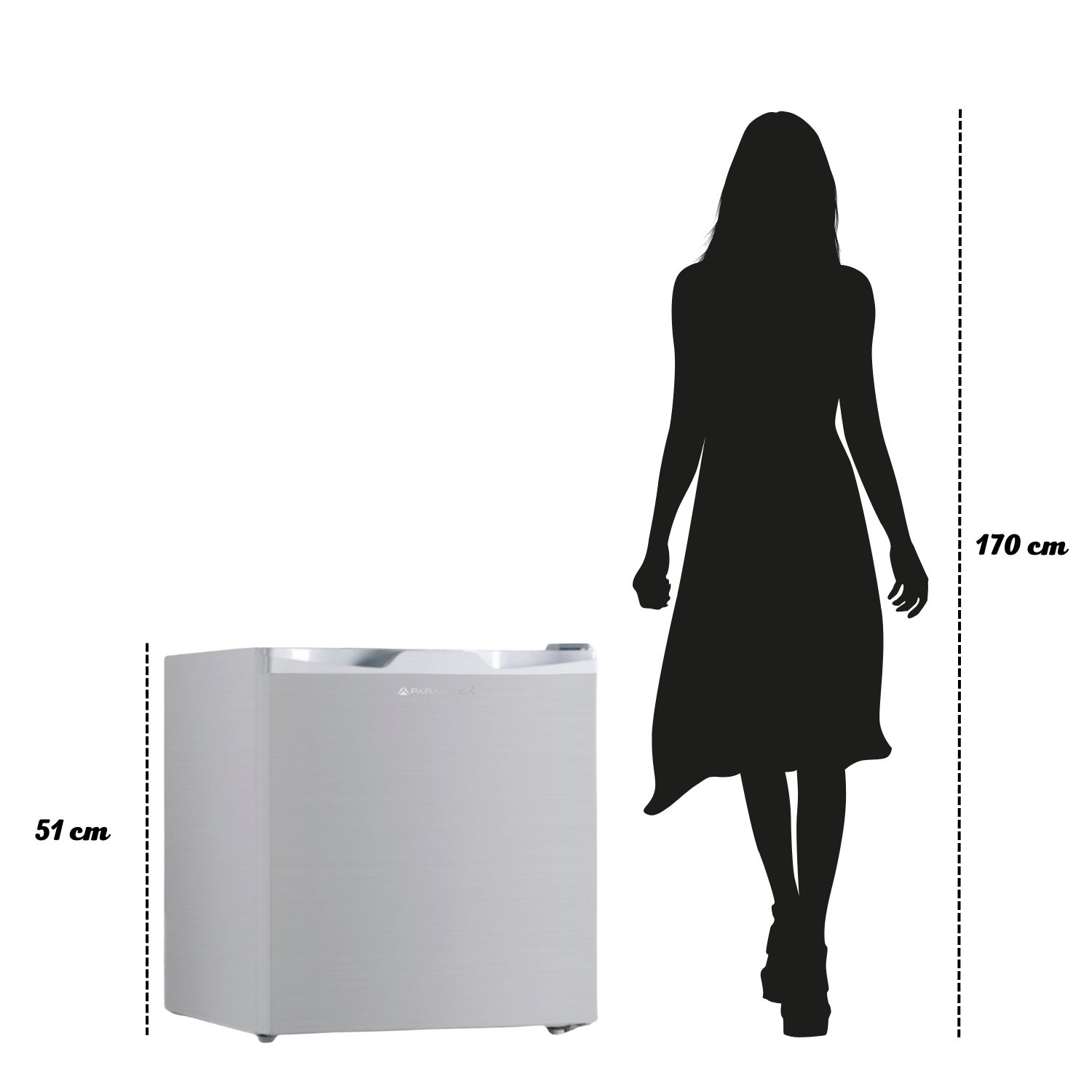 Un piccolo frigorifero argentato con la silhouette di una donna accanto, che mostra il confronto dell'altezza.