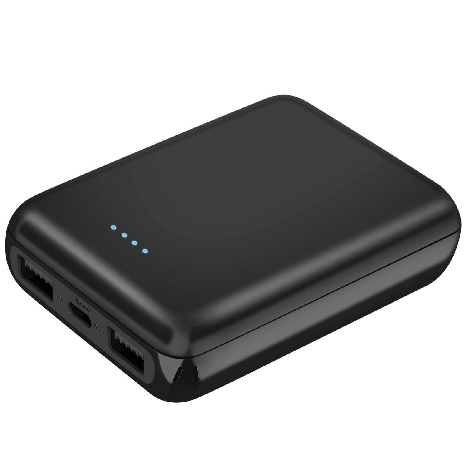 Power bank nero con porte USB e Type-C, luci indicatrici di carica blu.