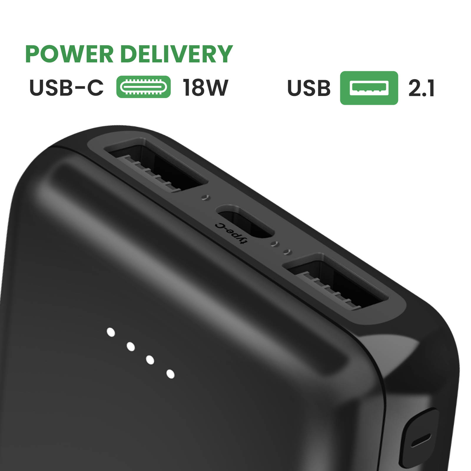 Power bank nero con porte USB-C e USB. Indicatori bianchi sul lato. Testo: Power Delivery.