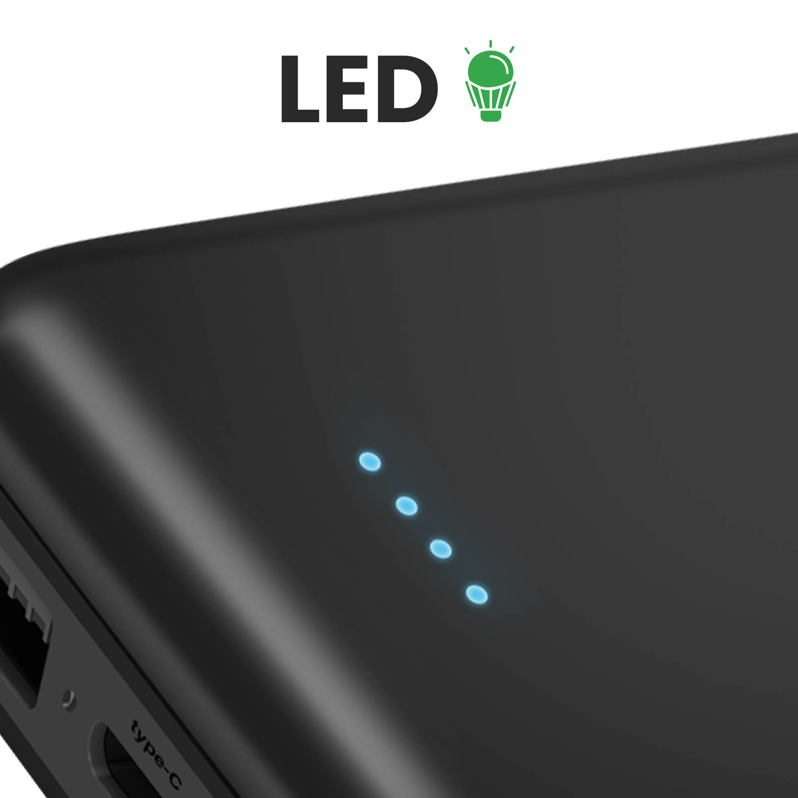 Power bank nera con 4 LED blu che indicano il livello della batteria. Testo 'LED' e icona lampadina verde.