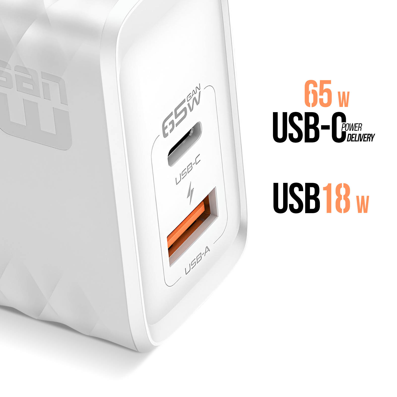 Weißes Ladegerät mit USB-C- und USB-A-Anschlüssen. Text: 65W und 18W.