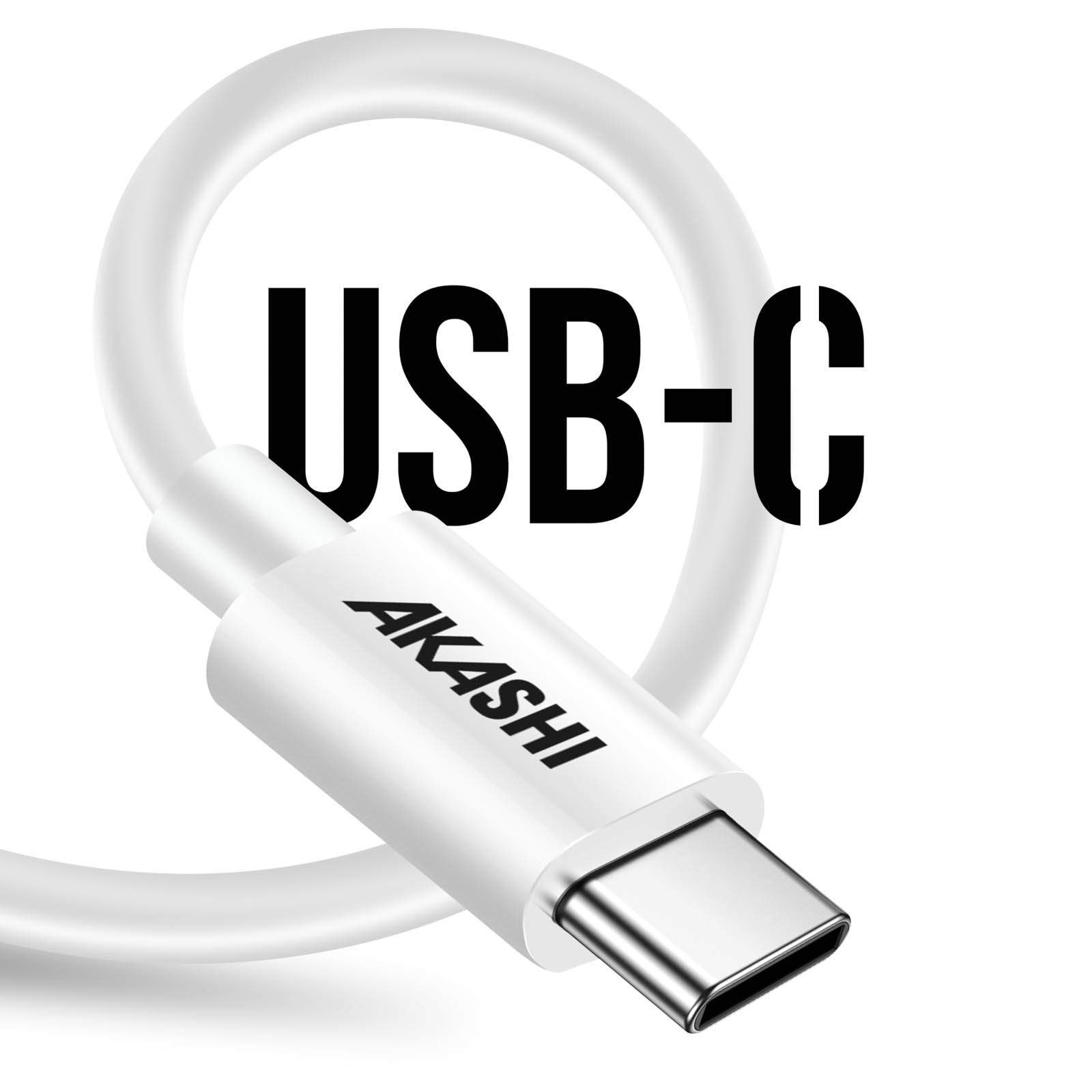 Ein weißes USB-C-Kabel mit einem schwarzen Textetikett mit der Aufschrift 'USB-C AKASHI'.