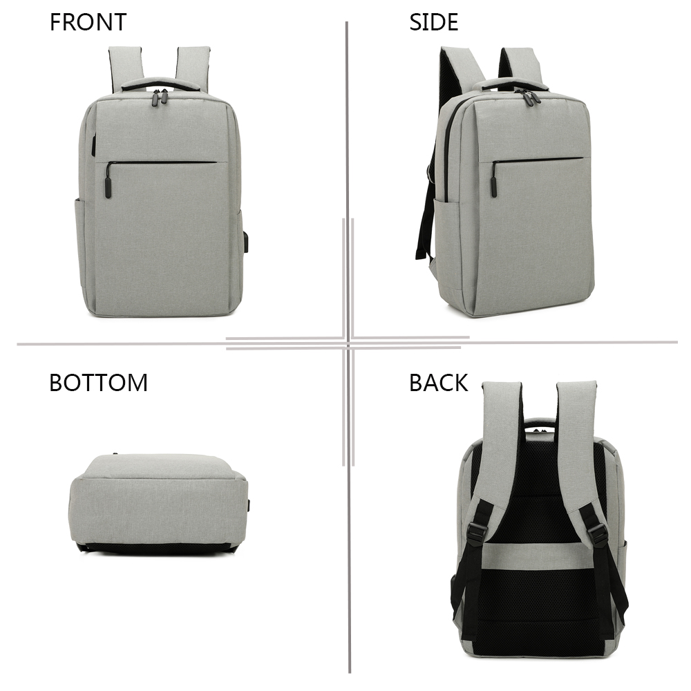 Vier Ansichten eines grauen Rucksacks. Vorder-, Seiten-, Unter- und Rückansicht gezeigt.
