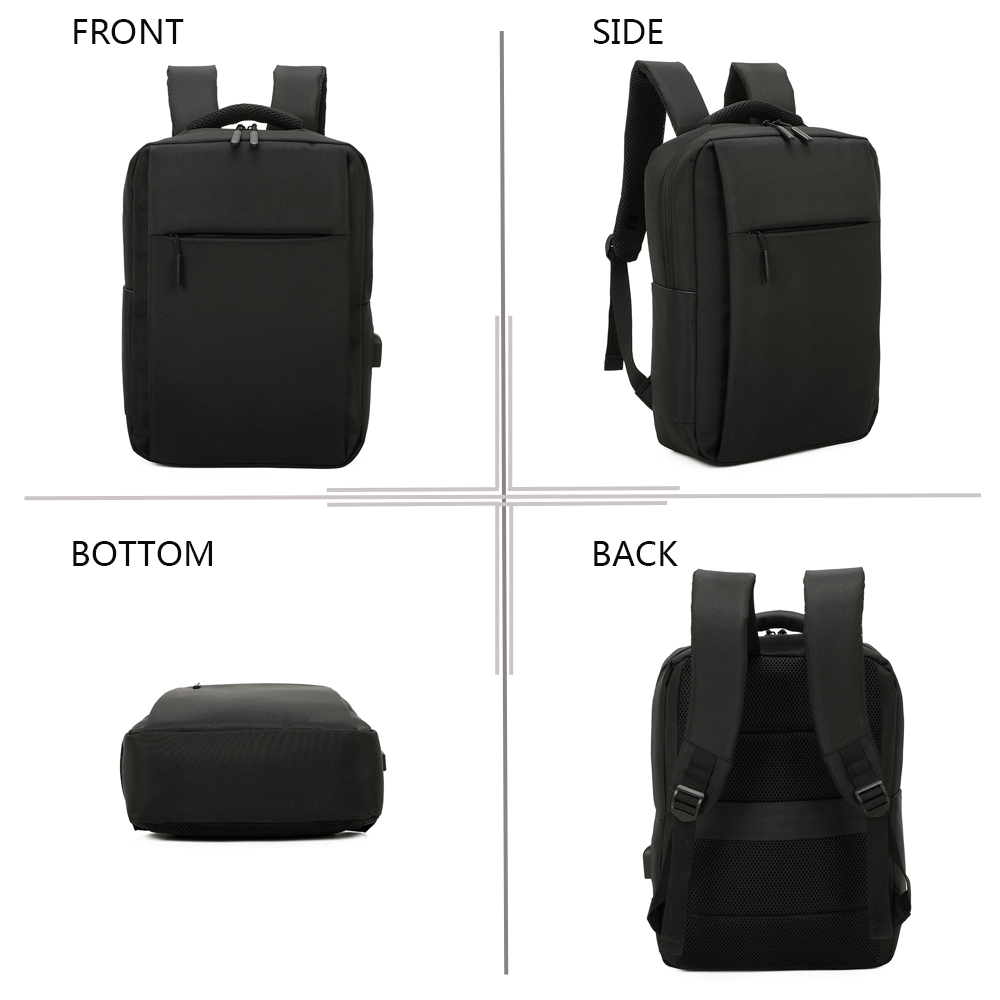 Ein schwarzer Rucksack, der von vorne, von der Seite, von unten und von hinten gezeigt wird. Die Tasche hat ein schlankes Design.