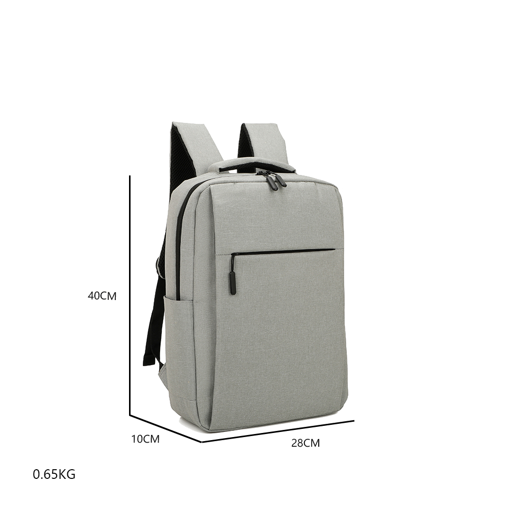 Grauer Rucksack mit schwarzen Trägern und Frontreißverschluss, Maße beschriftet.