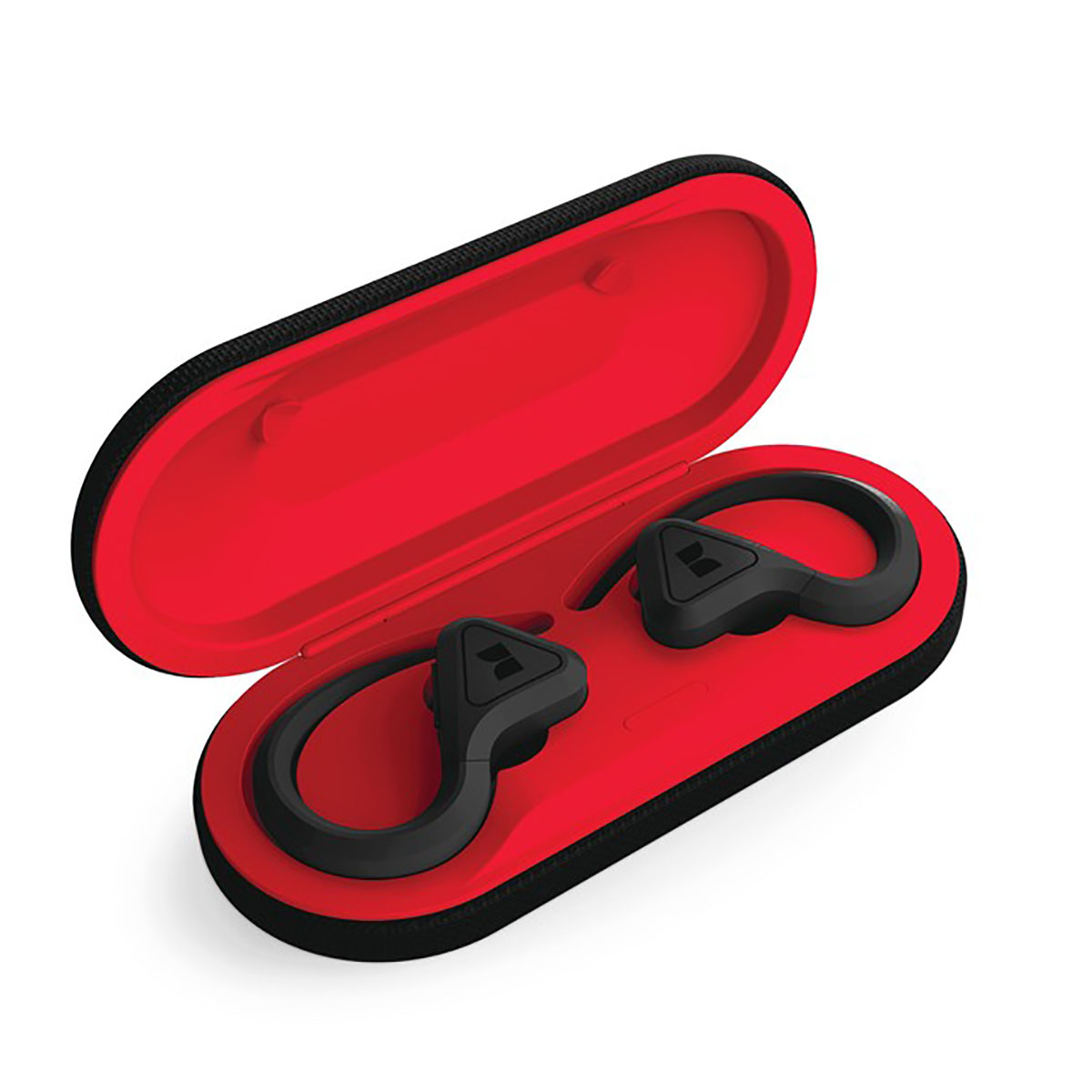 Auriculares en un estuche rojo con ganchos negros para las orejas.