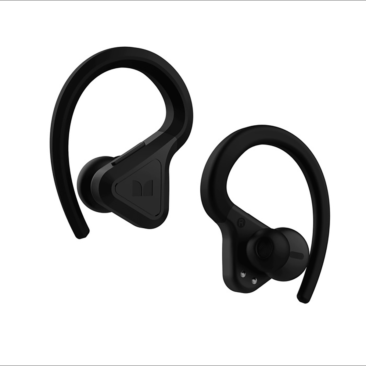 Dos auriculares inalámbricos negros con ganchos para las orejas. El izquierdo tiene el logo. Fondo blanco.