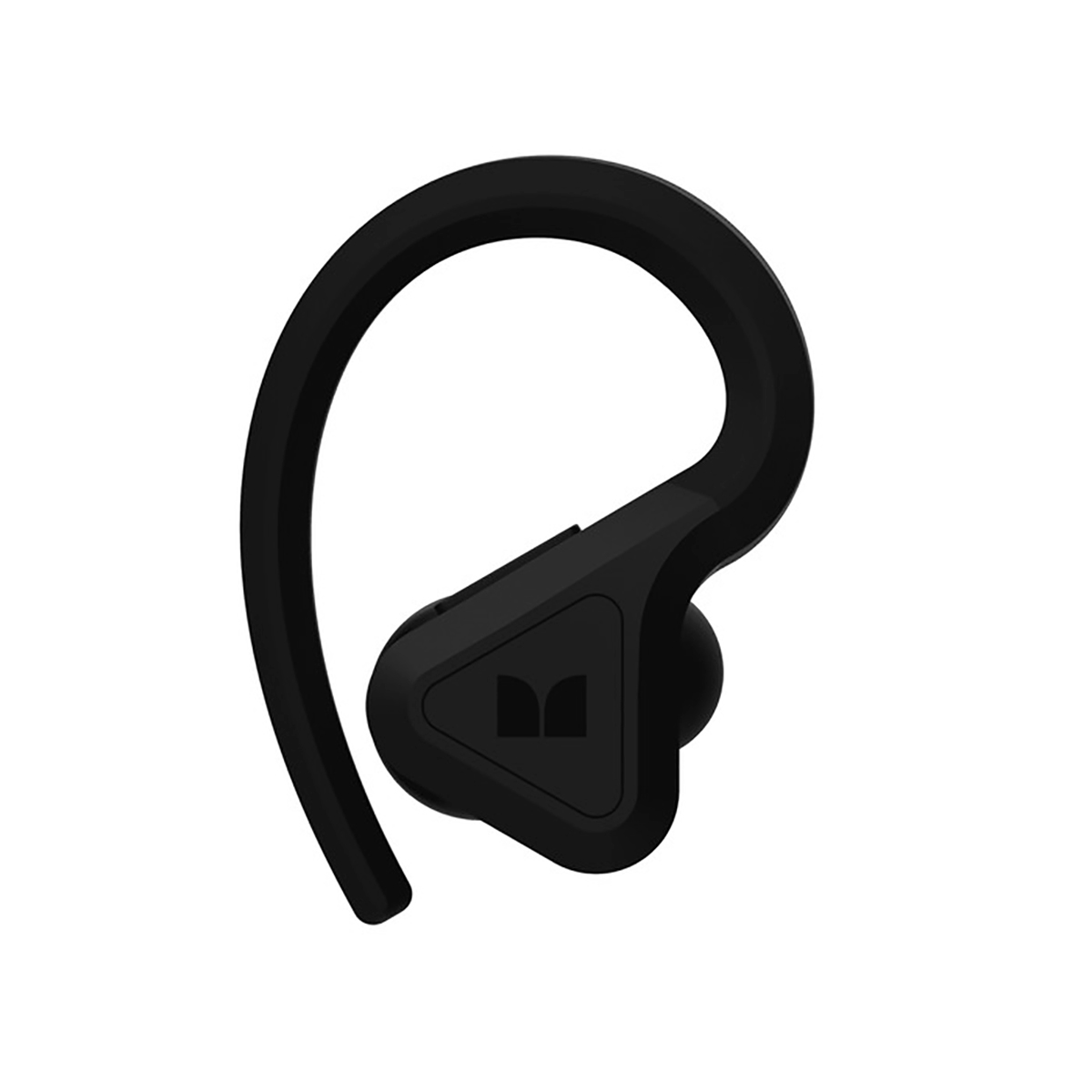 Un auricular negro con un gancho. Fondo blanco.