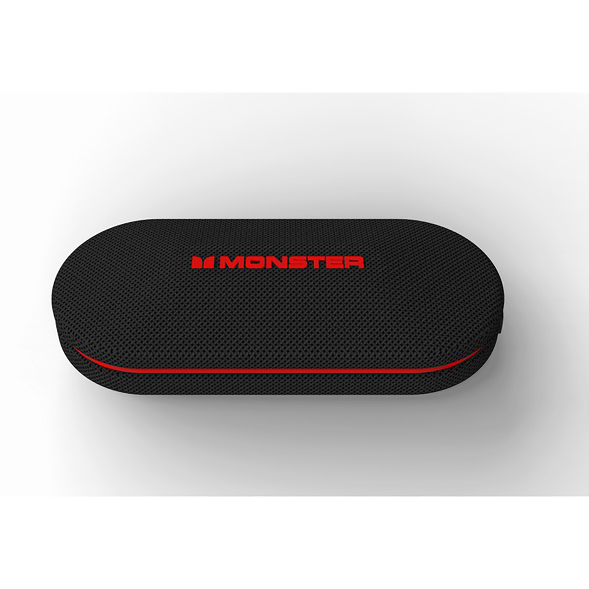 Estuche ovalado negro con borde rojo. Texto rojo, "MONSTER". Fondo blanco.