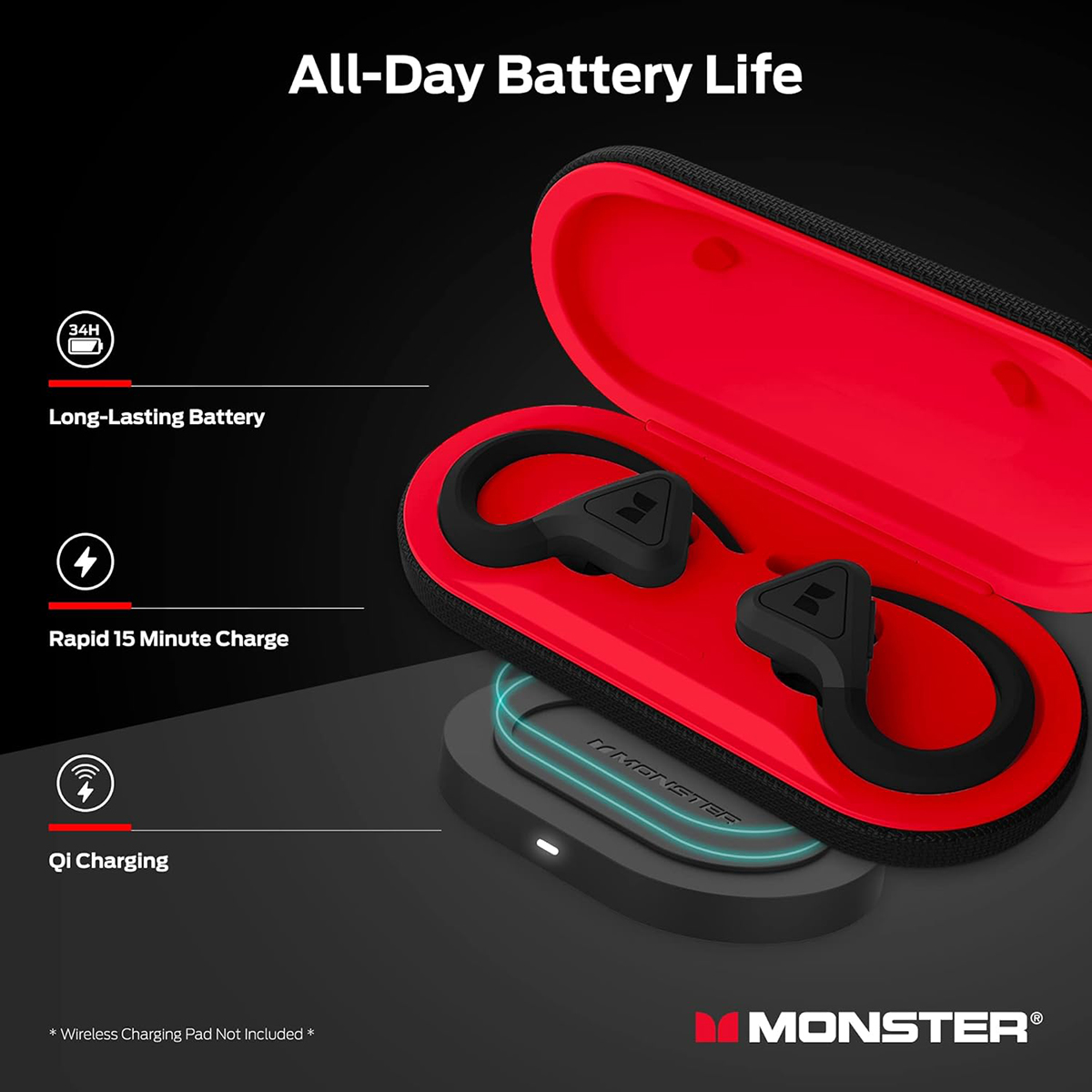 Estuche de auriculares negro y rojo con auriculares negros. Las características incluyen batería de larga duración y carga rápida.