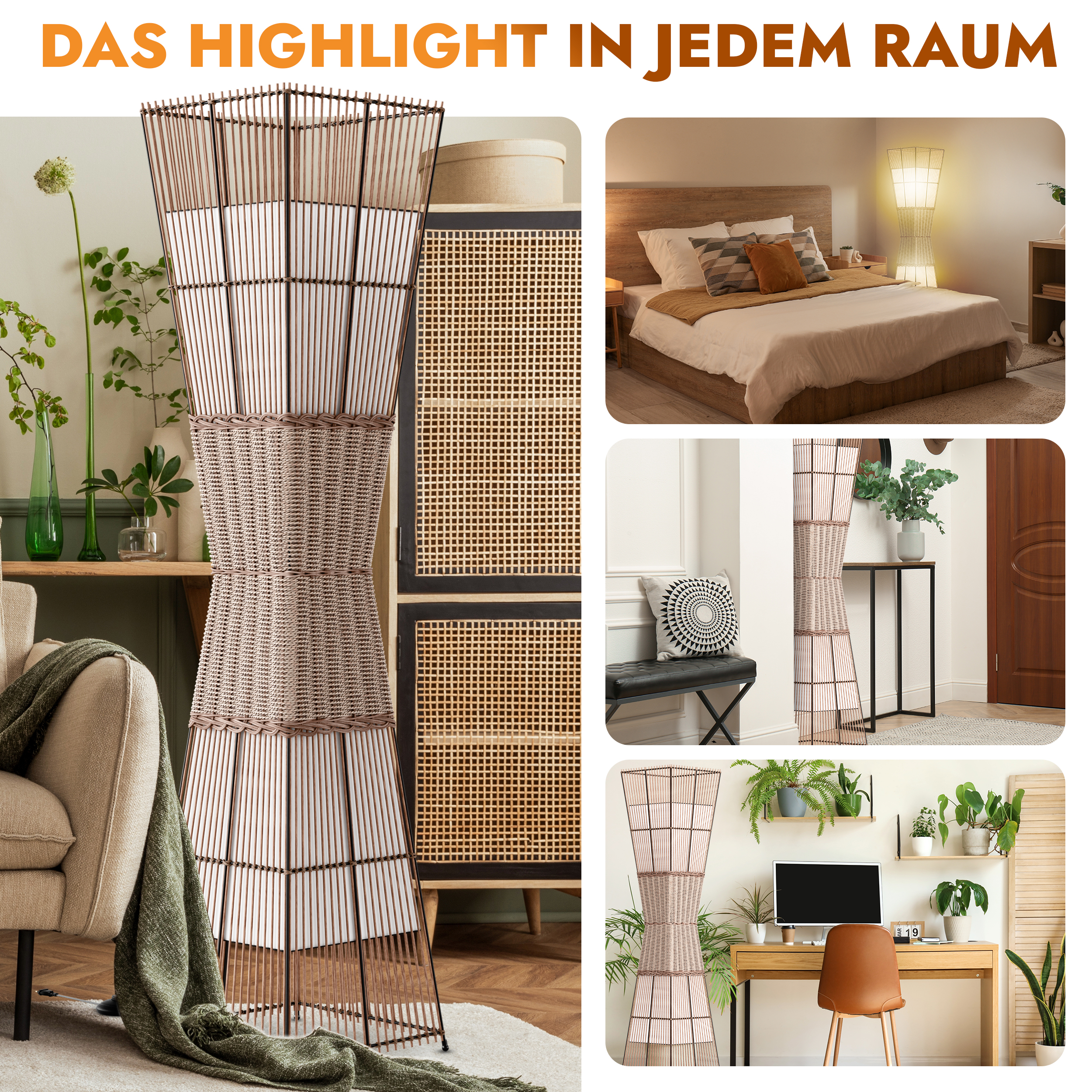 Inneneinrichtungsszenen mit einer hohen, dekorativen gewebten Lampe als Blickfang in mehreren Räumen.