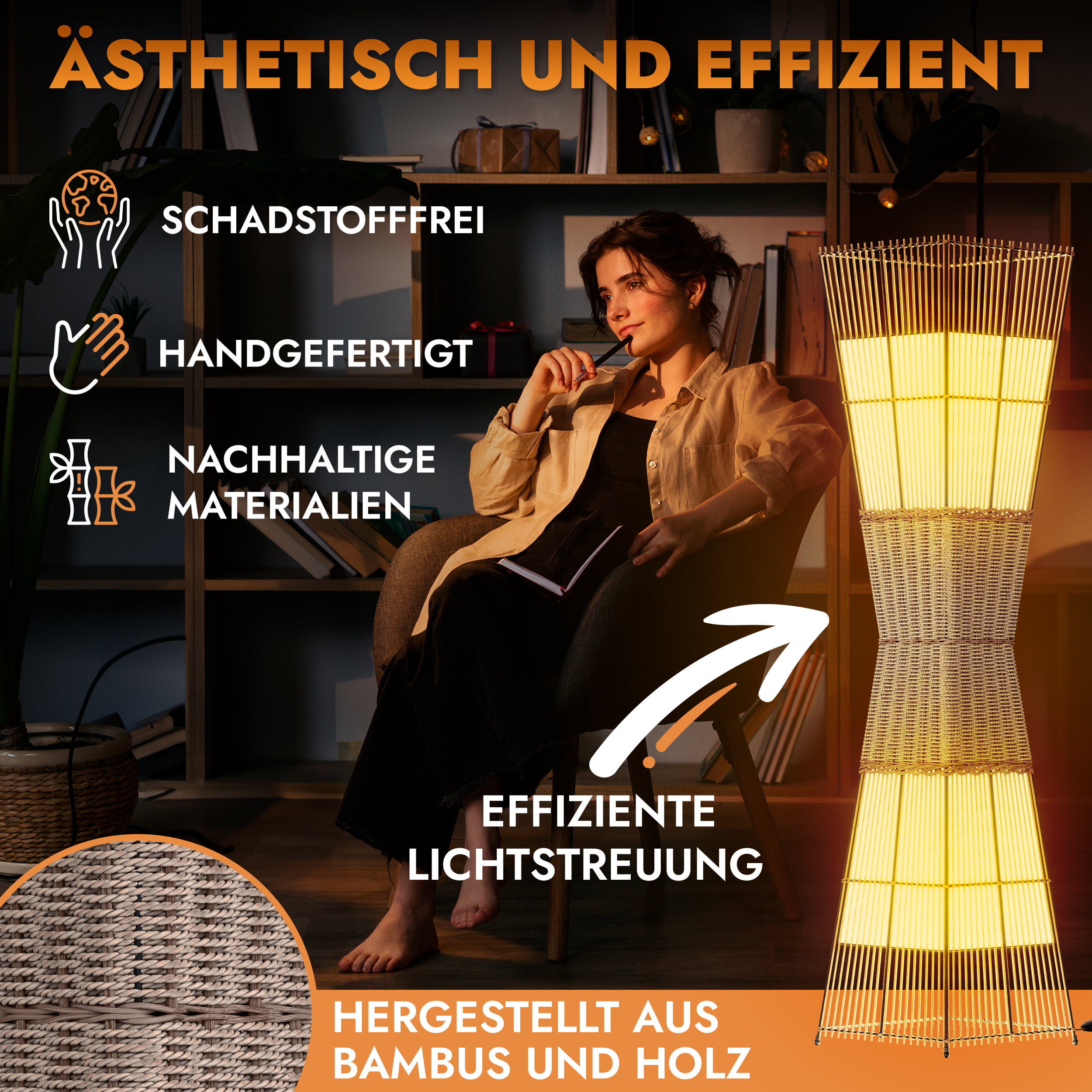 Frau im Zimmer, mit Lampe aus Bambus und Text auf Deutsch.