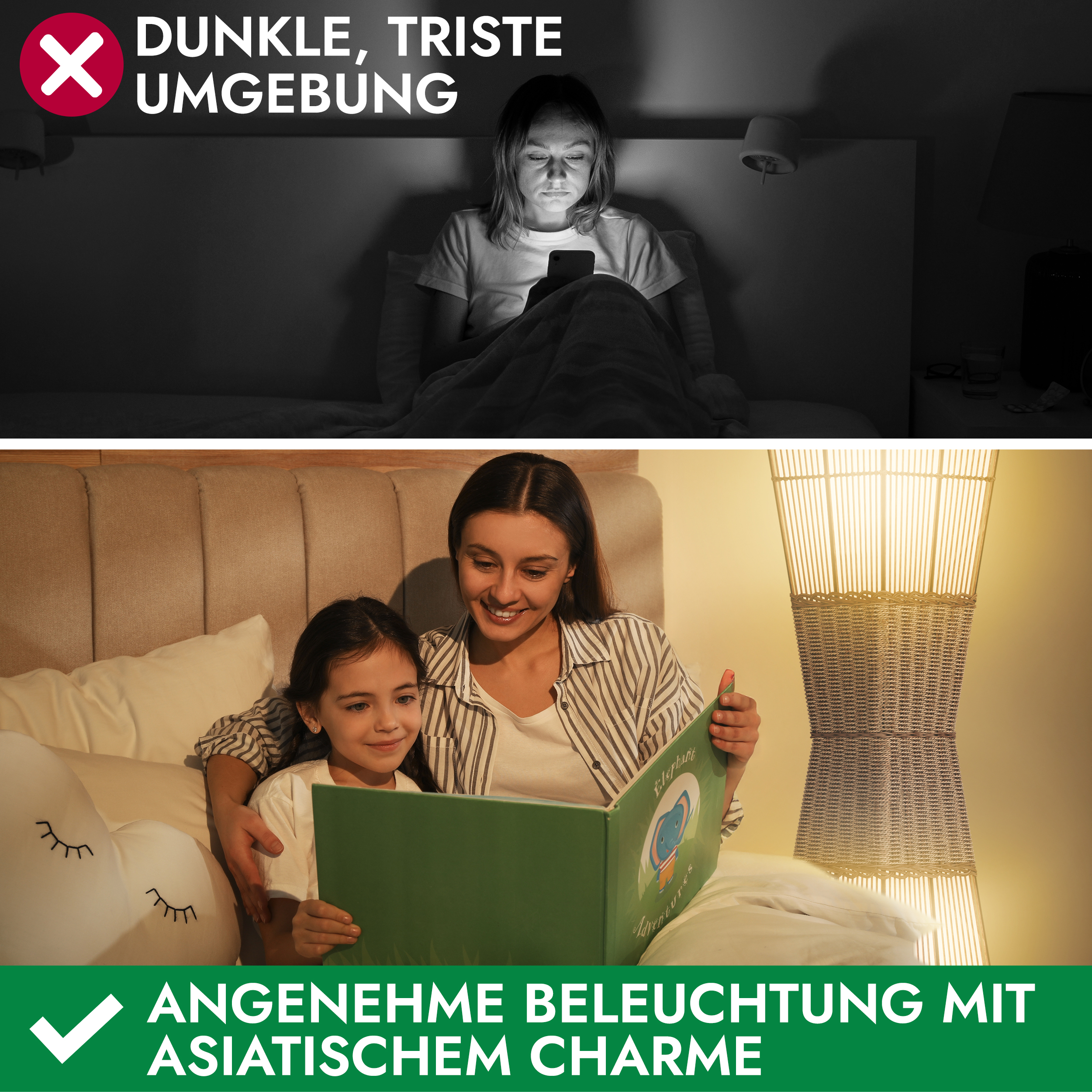 Zwei Bilder: Ein dunkler Raum mit einer Frau, die ein Telefon benutzt, und ein heller Raum mit Mutter und Tochter beim Lesen.