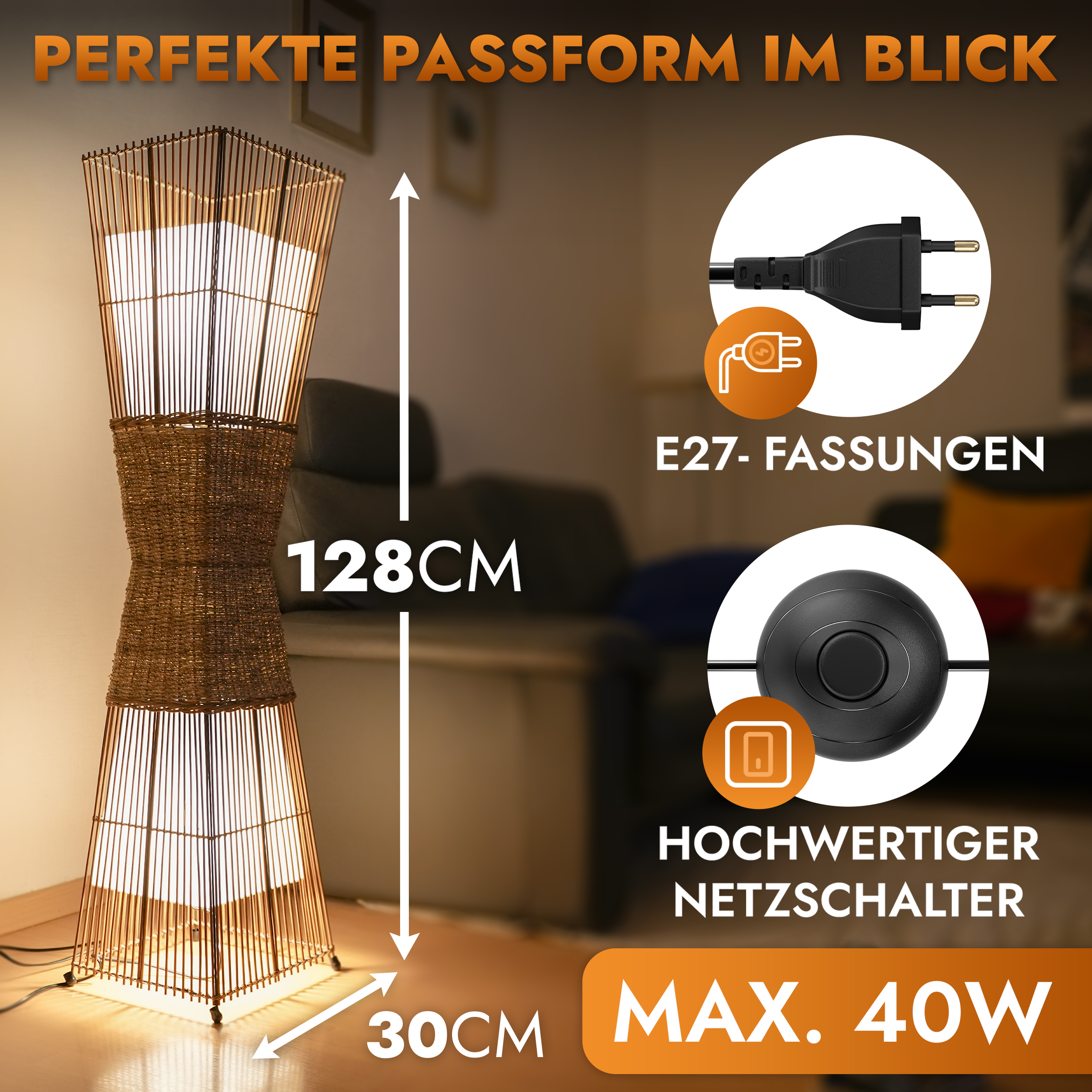 Eine hohe Lampe mit gewebtem Design, mit Abmessungen und einem Netzschalter.