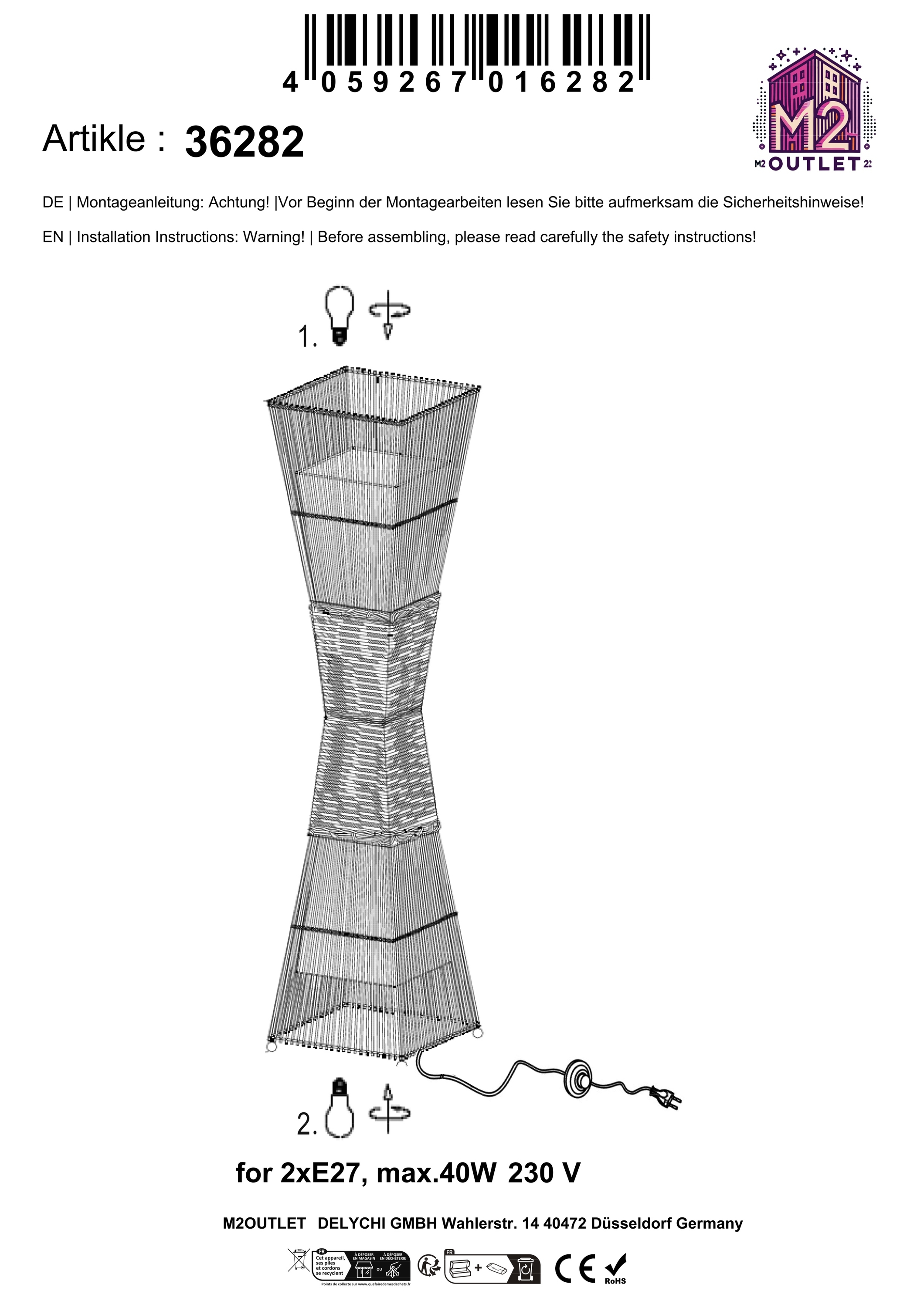 Diagramm einer Lampe mit Anweisungen und Warnungen auf Deutsch. Beinhaltet eine Lampenillustration und elektrische Infos.