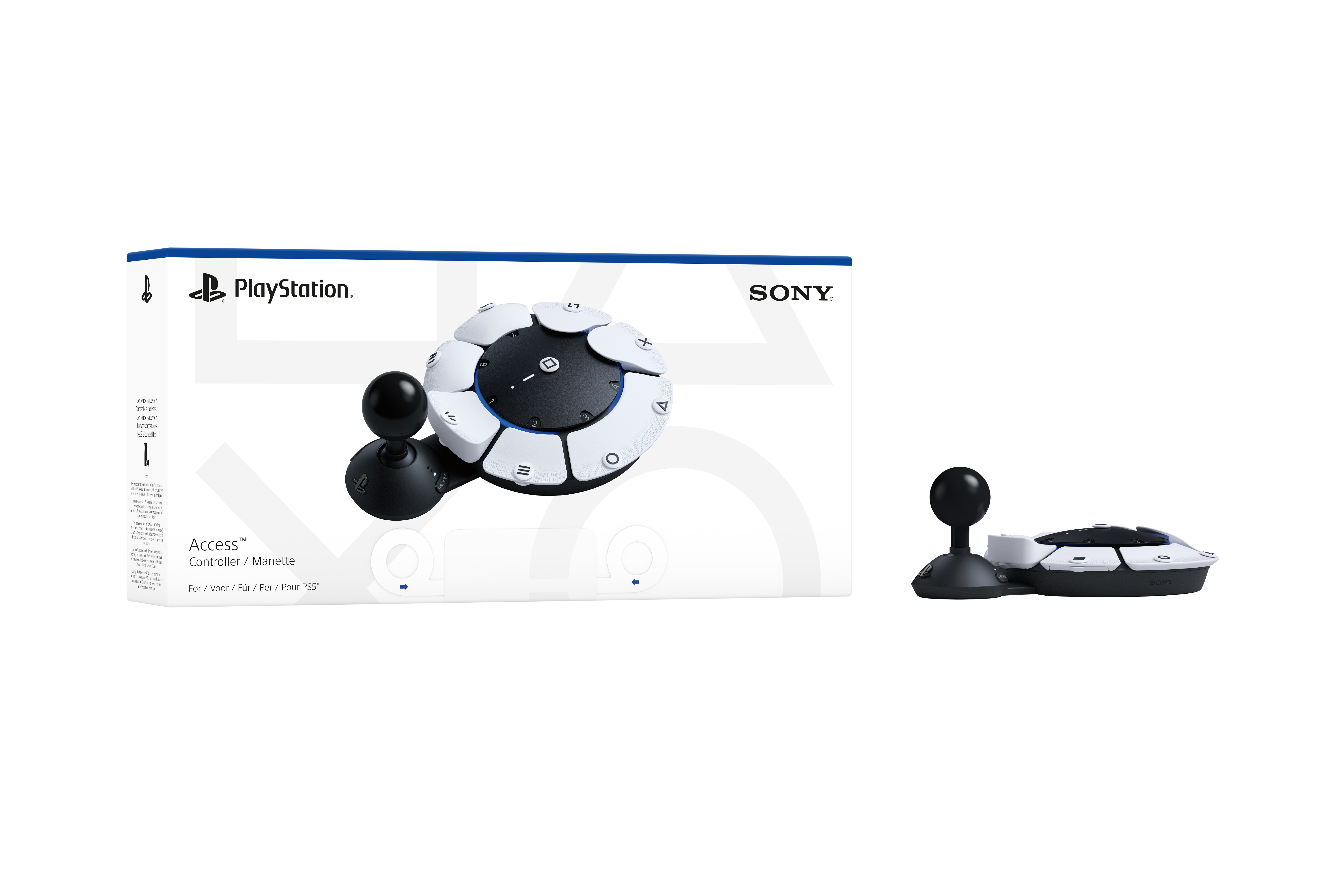 Een wit-zwarte Sony PlayStation Access-controller en de doos op een witte achtergrond.