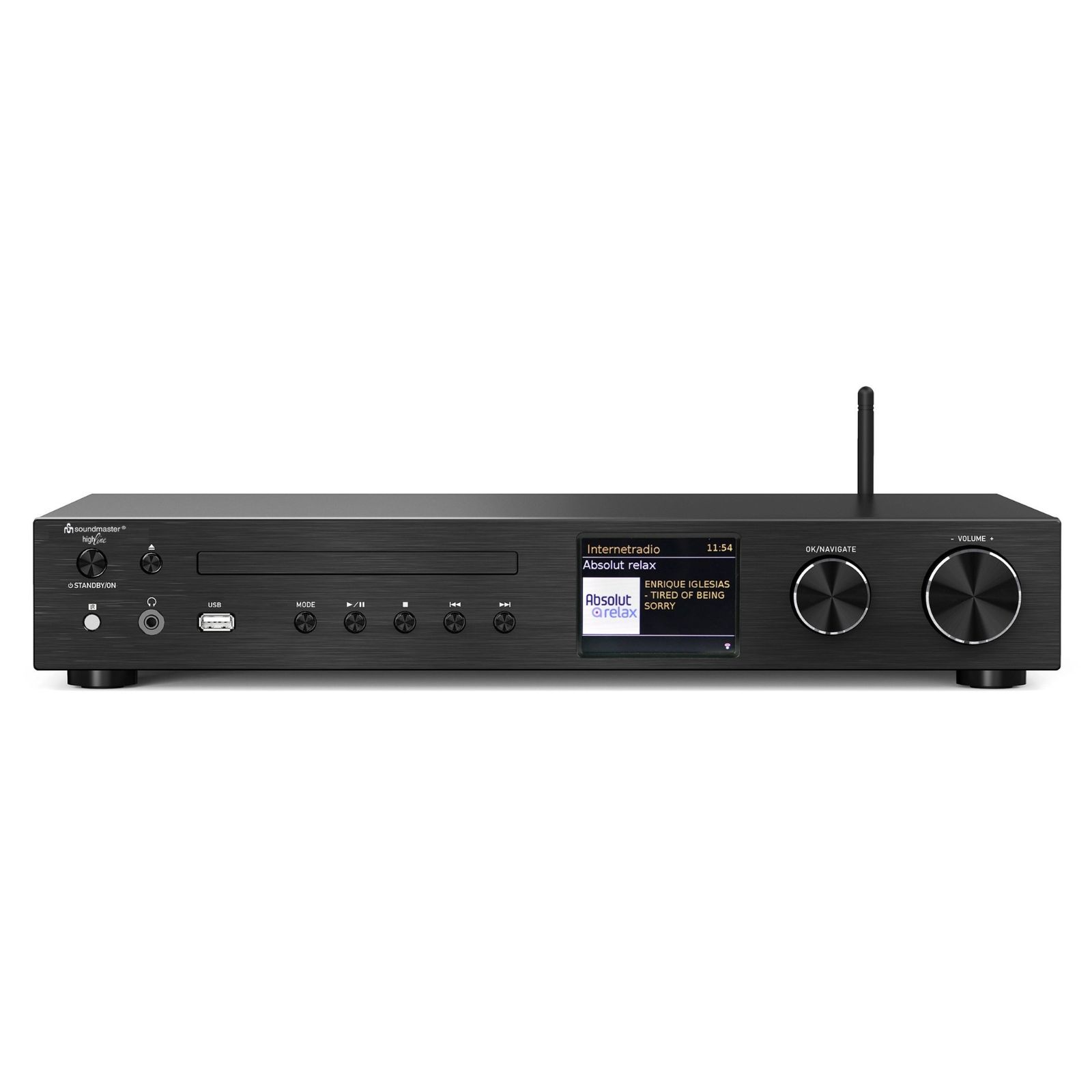 Schwarzes Stereo mit Bildschirm und Antenne auf weißem Hintergrund. Knöpfe und Drehregler sind sichtbar.
