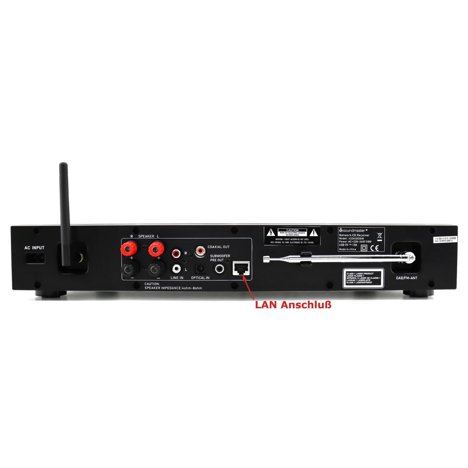Rückseite eines schwarzen Audio-Receivers. Anschlüsse für verschiedene Verbindungen und Eingänge. Antenne für Radioempfang.