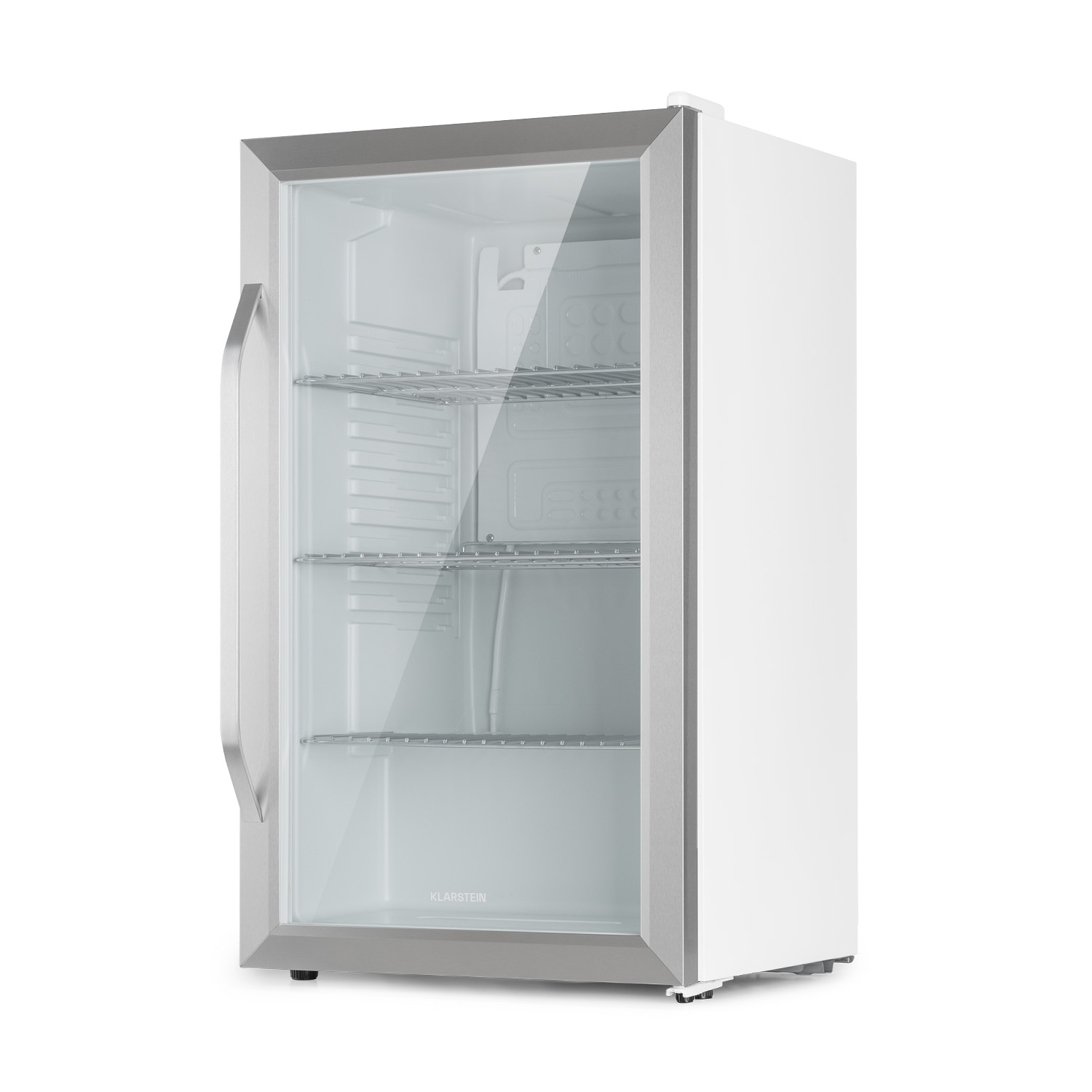 Minikühlschrank mit Glastür. Innenregale. Weißes Äußeres und silberner Griff.