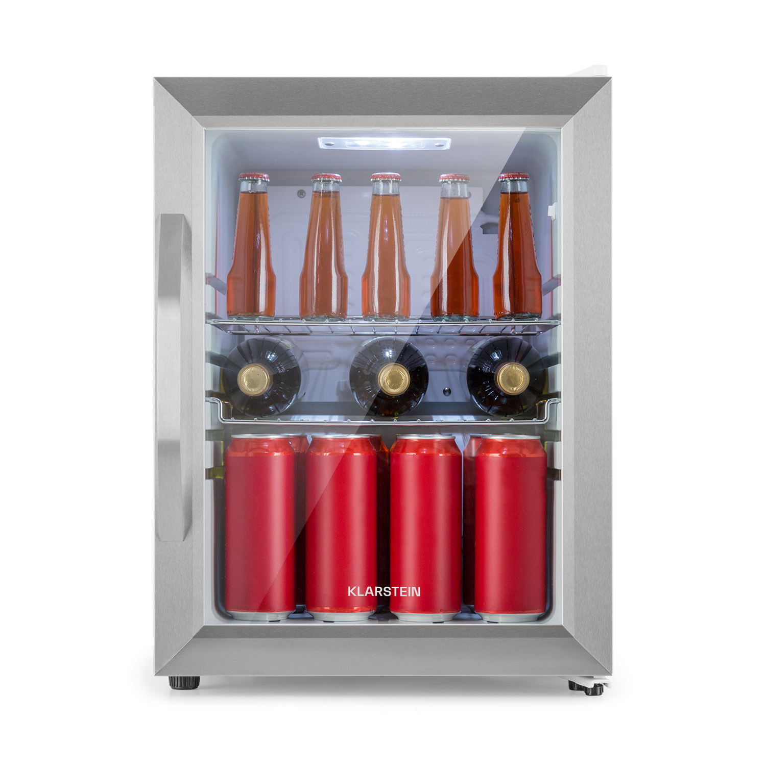 Un mini frigo con bottiglie, bottiglie di vino e lattine di soda all'interno.