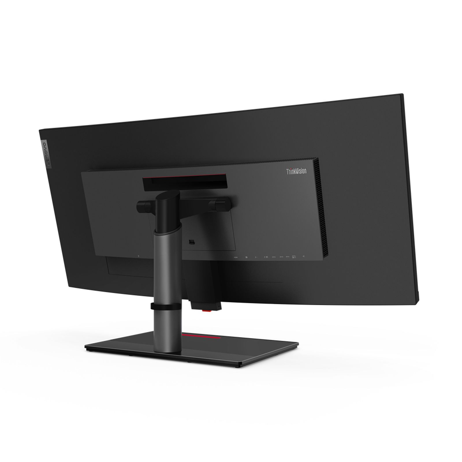Vista posteriore di un monitor nero su un supporto argentato, sfondo bianco.