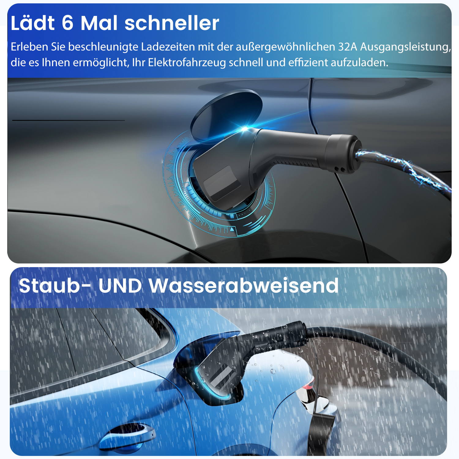 Ein Elektroauto wird aufgeladen. Das obere Bild zeigt das Ladegerät, das untere Bild zeigt Regen.