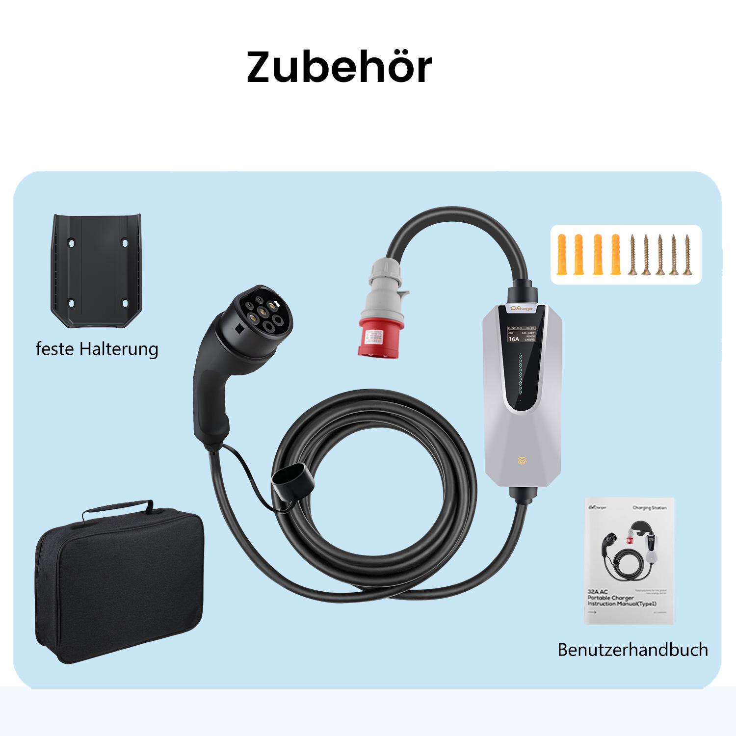 Zubehör: Ladegerät, Halter, Tasche und Anleitung. Artikel sind weiß, schwarz und gelb.