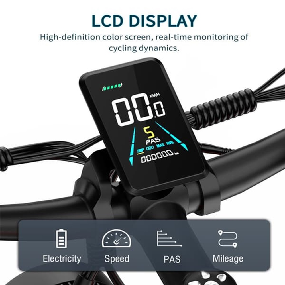 Schermo LCD e-bike che mostra velocità, batteria e altre metriche. Manubrio nero.