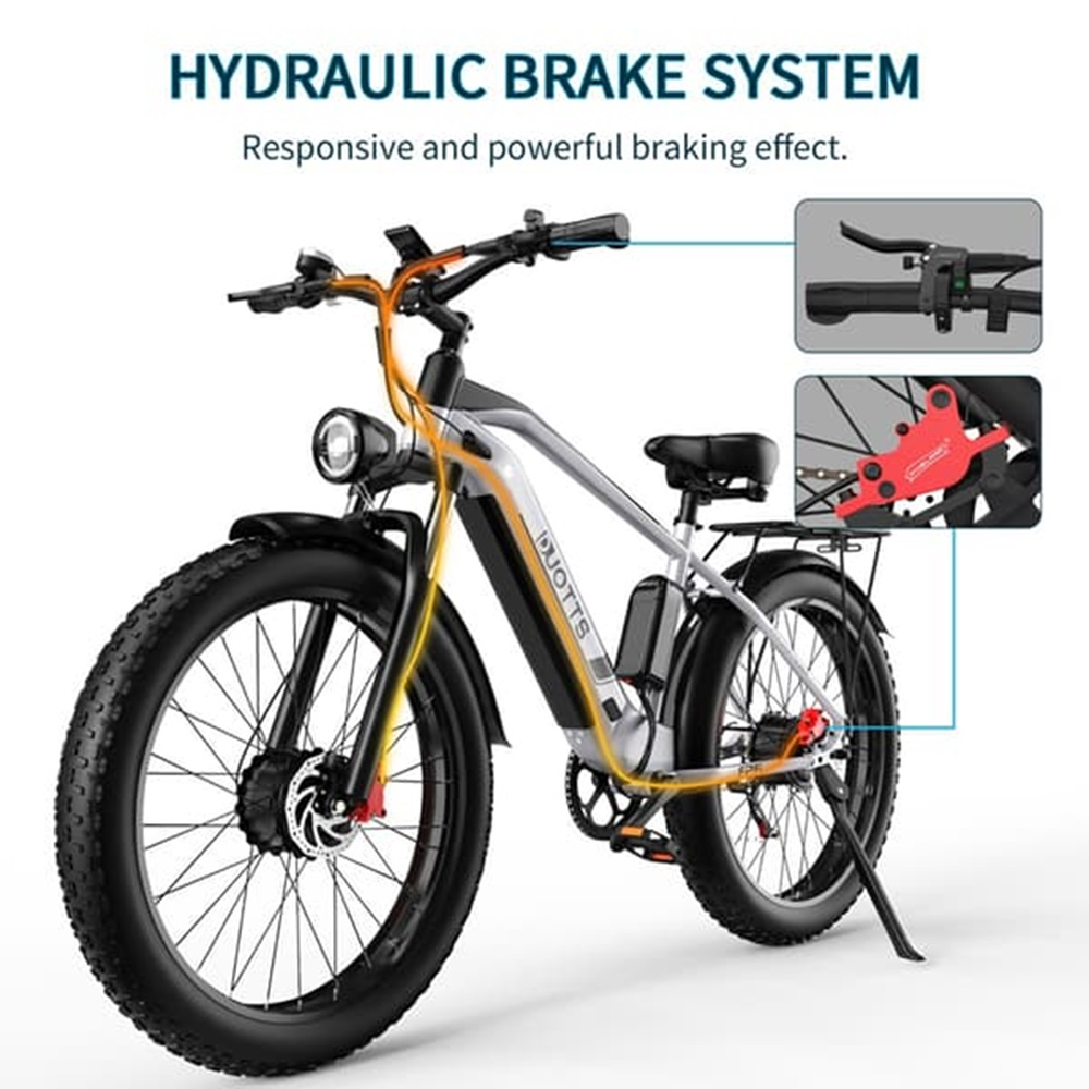 Una bici elettrica con un diagramma. La bici è nera e argento. Il testo descrive il sistema frenante idraulico.