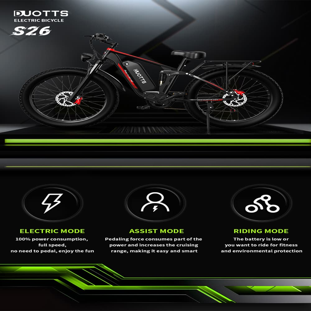 Una bicicleta eléctrica, marco negro, con tres modos: Eléctrico, Asistencia y Conducción.